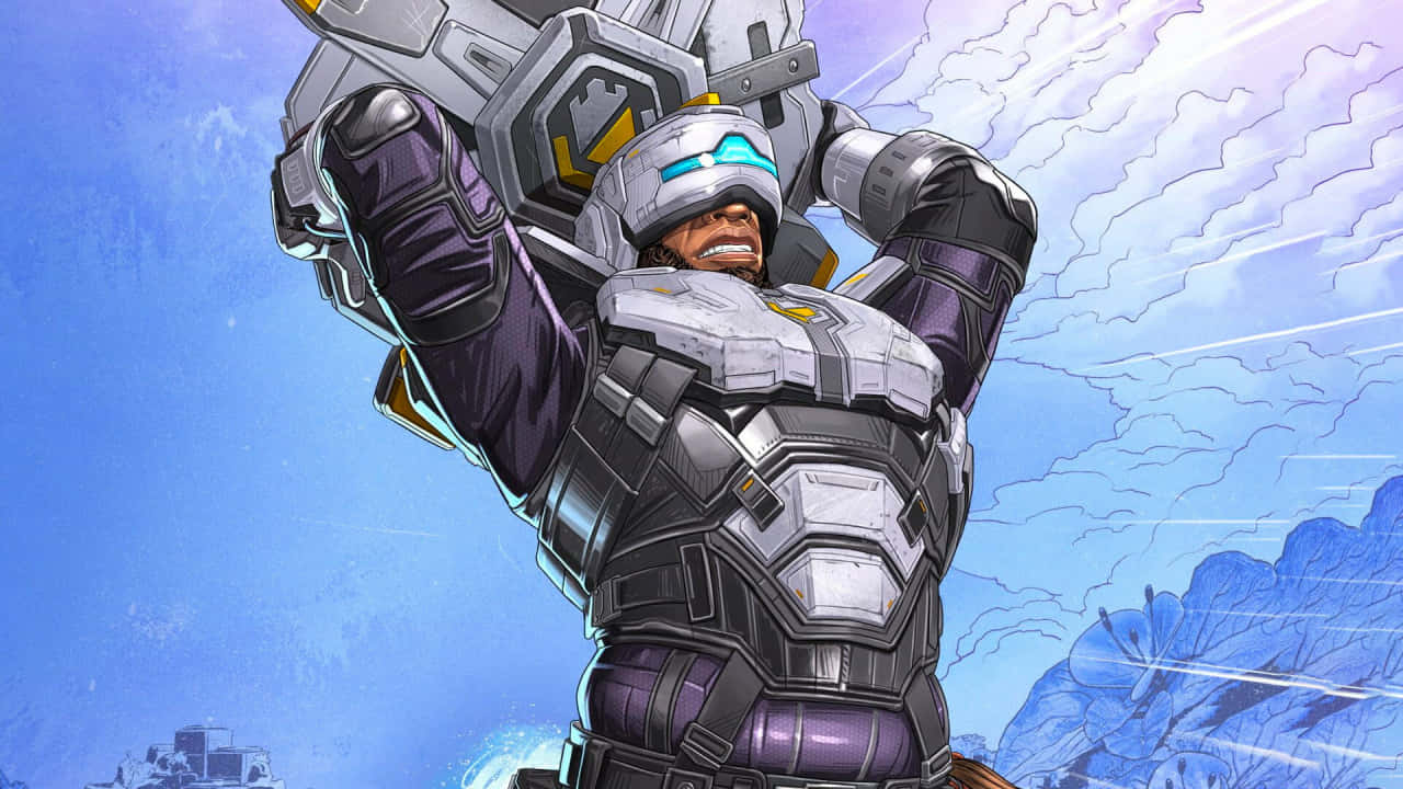 720p Apex Legends 桌布 壁紙 — 一位強大的裝甲戰士，戴著發光的藍色面罩，舉起巨大的武器，背景是動態的天空和條紋狀的雲彩。