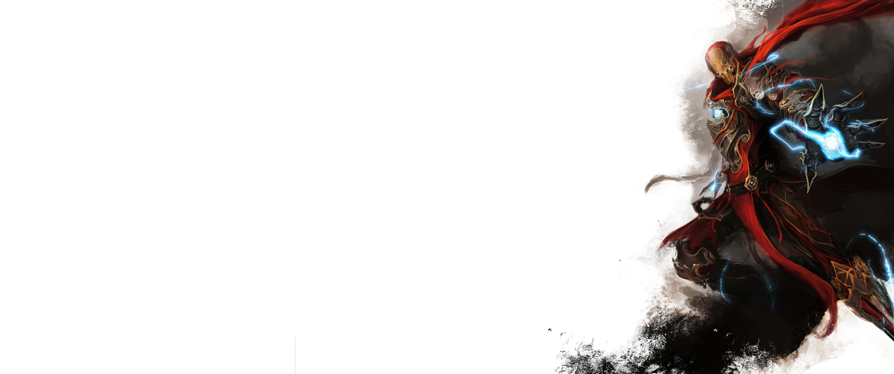3440x1440p Iron Man 桌布 壁紙 — 一位強大的裝甲戰士，身披紅色斗篷，散發著藍色光芒的能量，在純白背景下動態出擊。