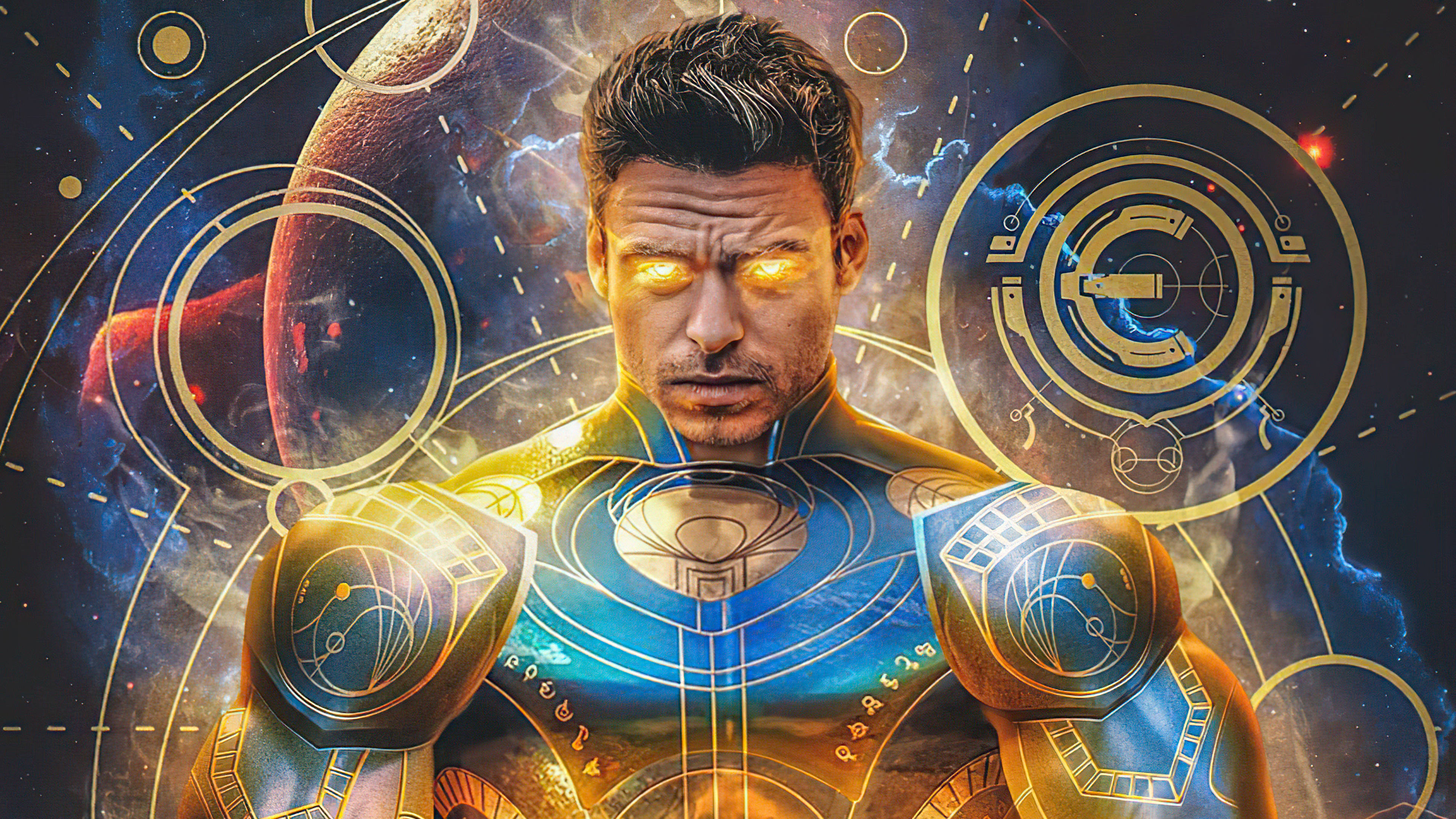 Eternals 桌布 壁紙 — 一位強大的超級英雄，擁有發光的眼睛和宇宙盔甲，站在繁星點點的星雲背景前，漂浮著金色的符號。