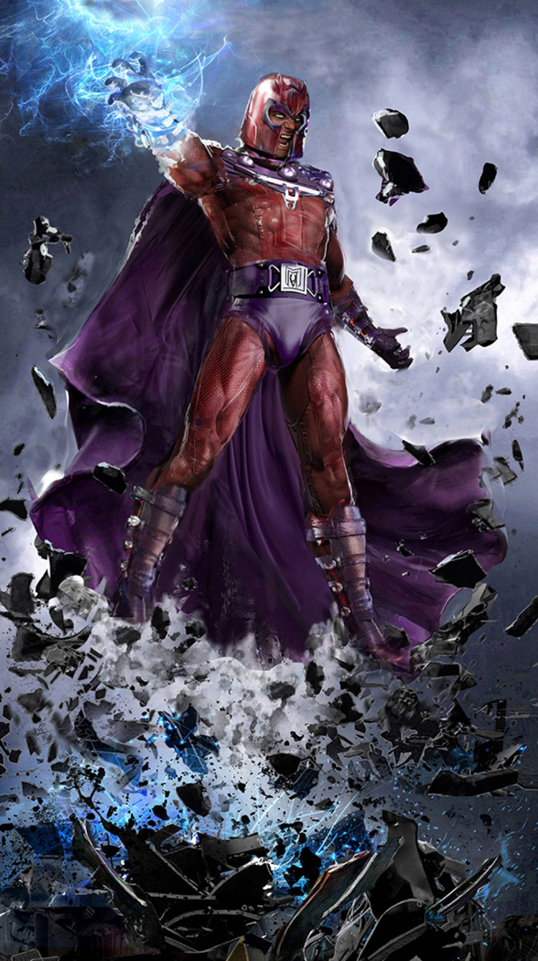 Magneto 桌布 壁紙 — 一位強大的超級英雄，身穿紫色斗篷和紅色戰衣，站在破碎的瓦礫中，從手中釋放磁力能量，對抗暴風雨的天空。