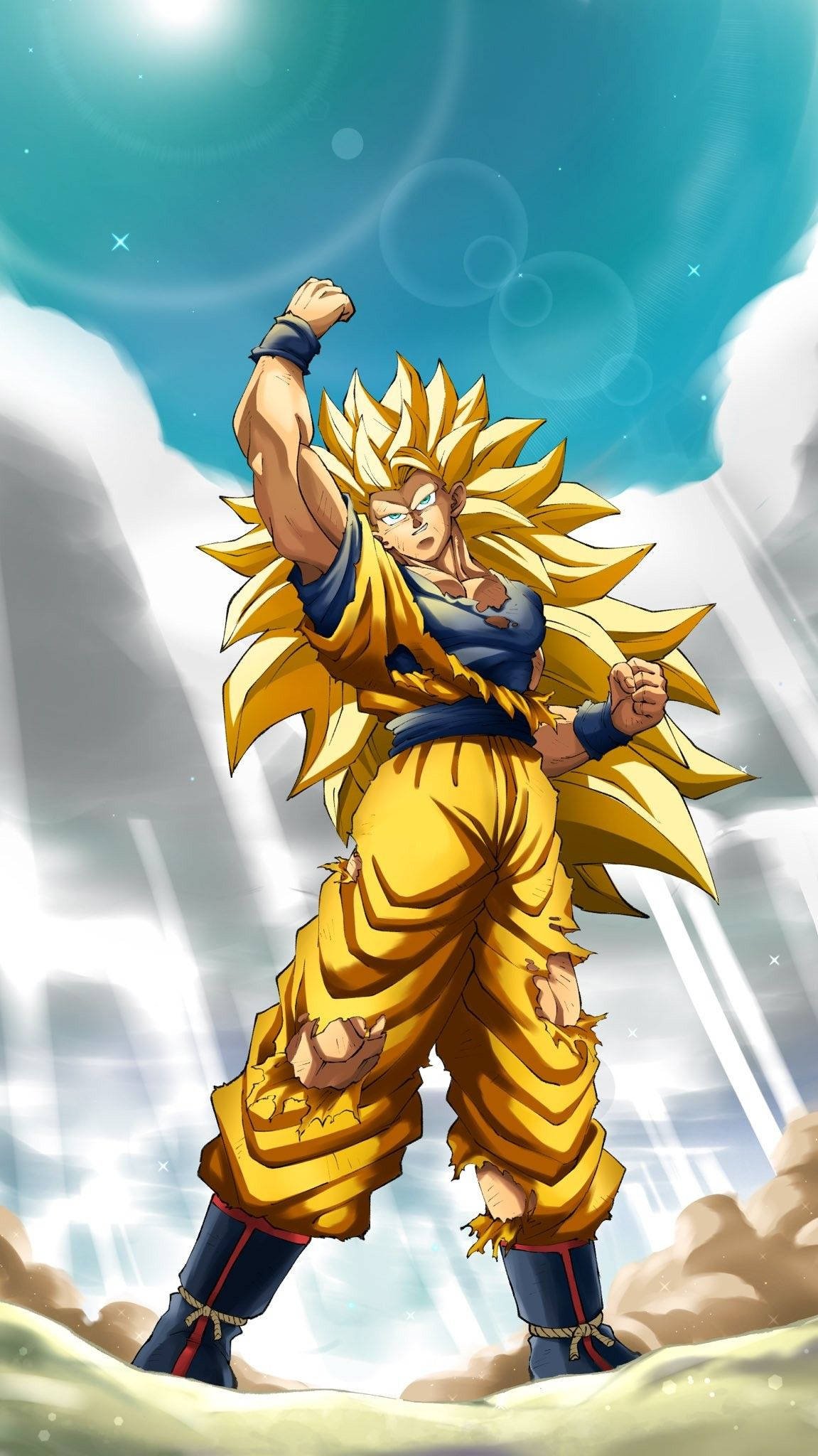 Goku Ssj3 桌布 壁紙 — 一位強大的金髮動漫戰士，在明亮的天空下擺出動態戰鬥姿勢，伴隨著發光的能量效果。