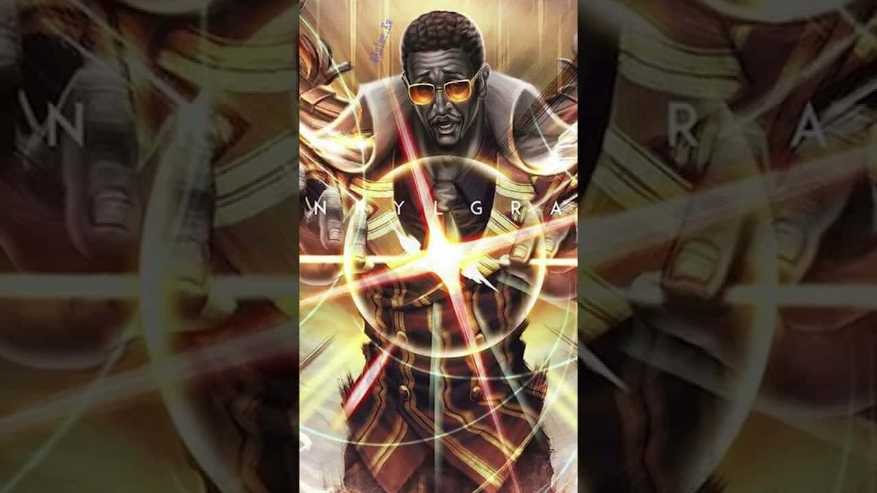 Kizaru 桌布 壁紙 — 一位強大的黑人超級英雄戴著太陽眼鏡和盔甲，散發著金色能量，帶有發光的線條，胸前有 'WYLGRA' 字樣。