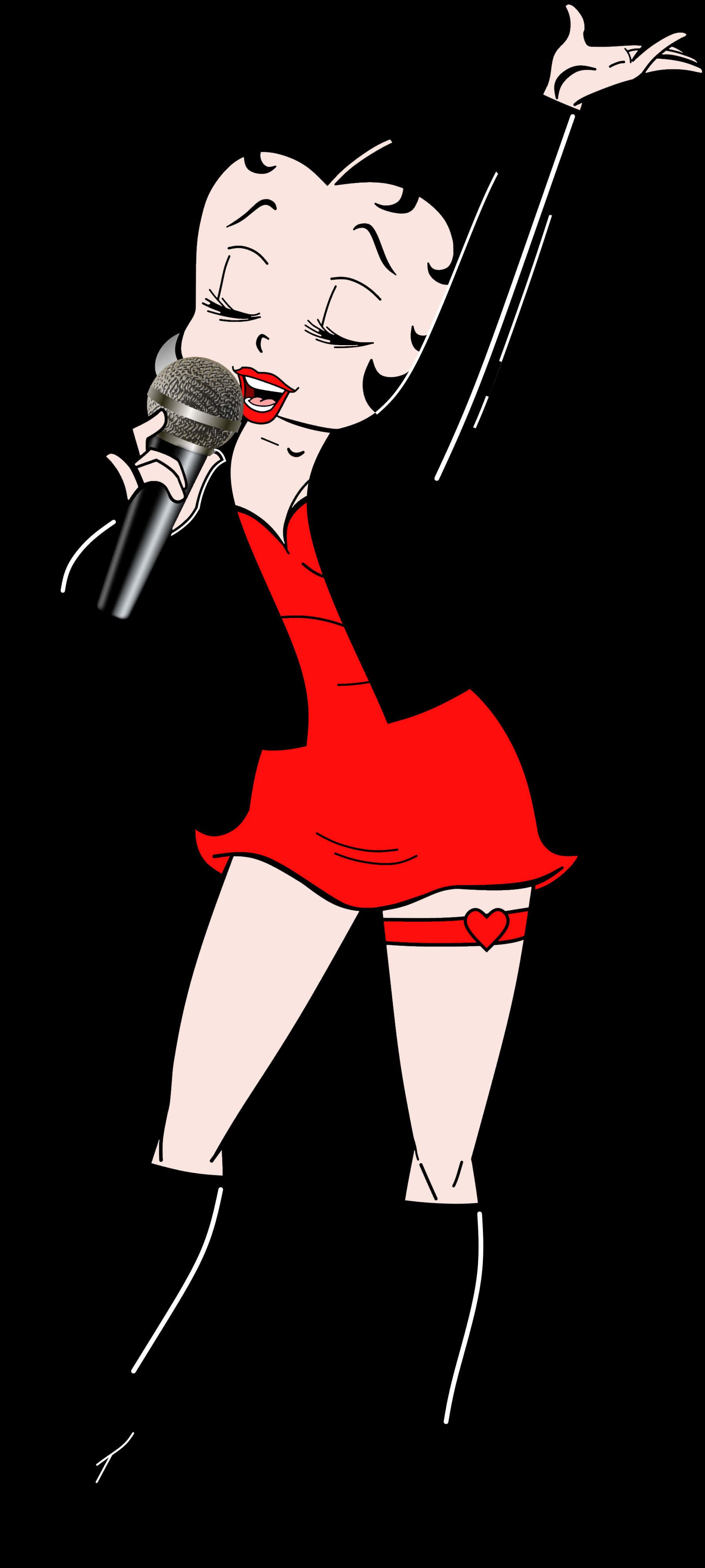 Clip Art 桌布 壁紙 — 一位復古卡通女性穿著紅色連衣裙，在黑色背景前舉起一隻手對著麥克風唱歌。
