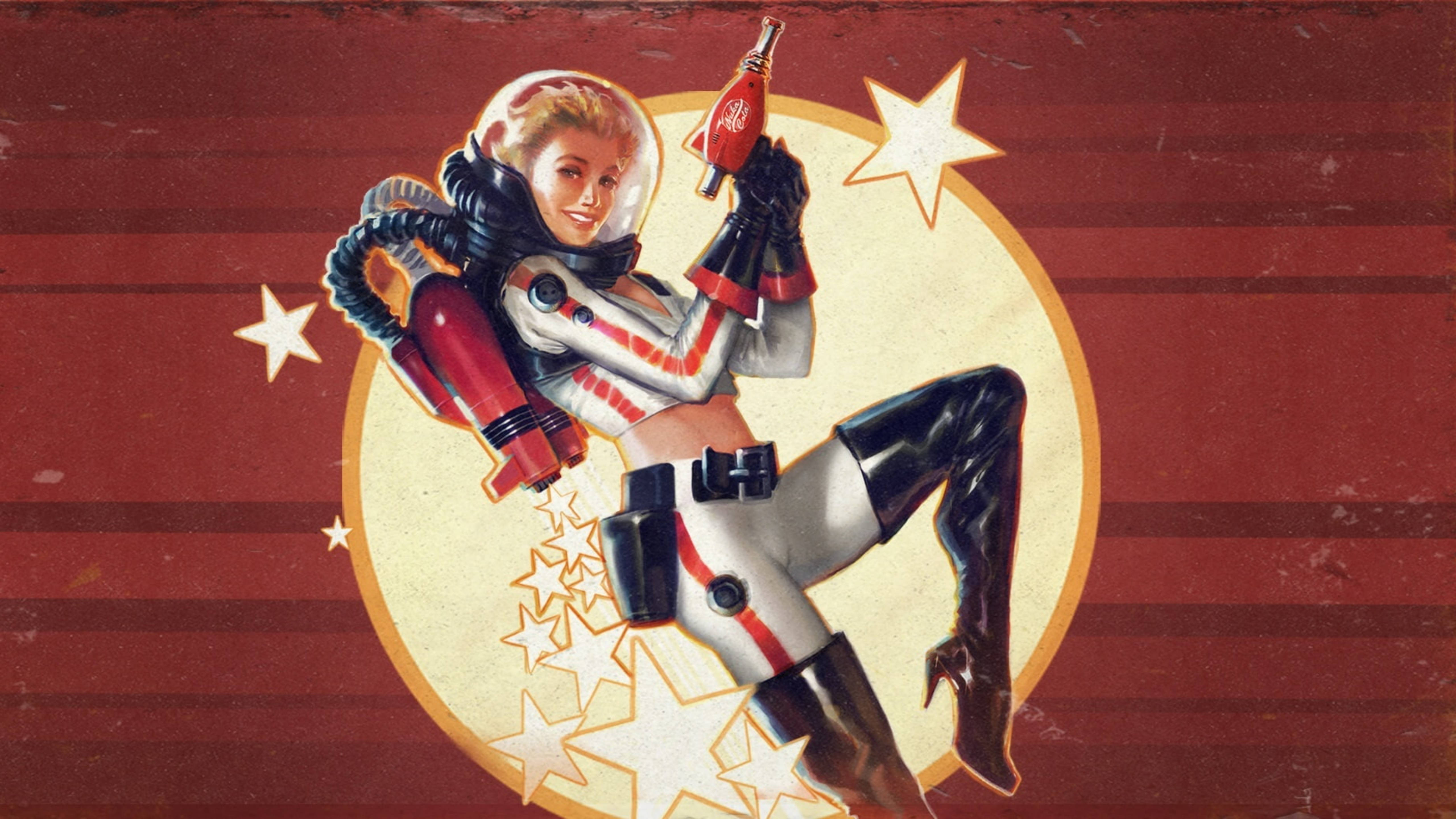 Fallout 4 桌布 壁紙 — 一位復古未來主義的 pinup 女性穿著太空服，在帶有星星的紅色條紋背景前拿著可口可樂瓶。