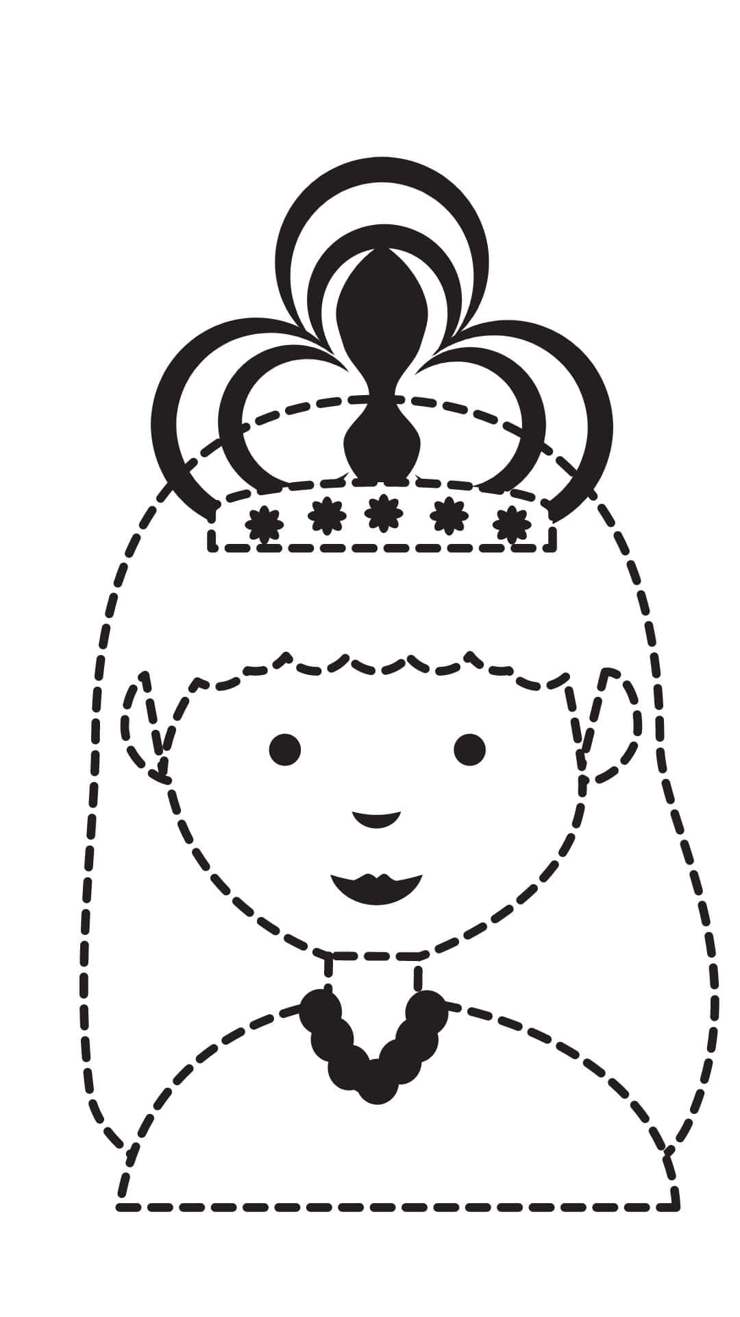 Cute Queen 桌布 壁紙 — 一位微笑公主戴著皇冠和項鍊的極簡黑白線條藝術插圖。