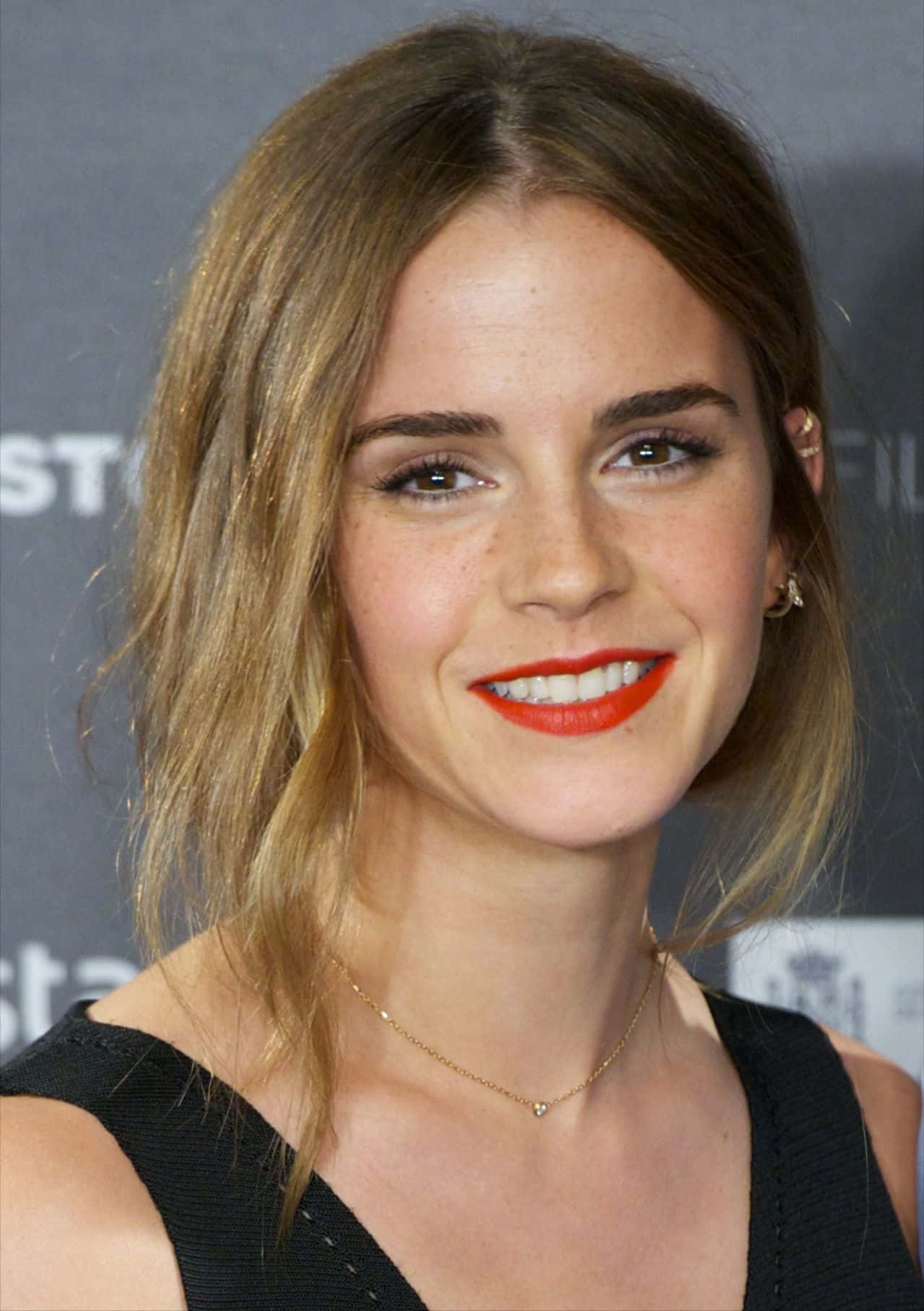 Emma Watson 桌布 壁紙 — 一位微笑女士的近距离肖像，她有着波浪般的棕色头发和鲜艳的红唇，背景为灰色。