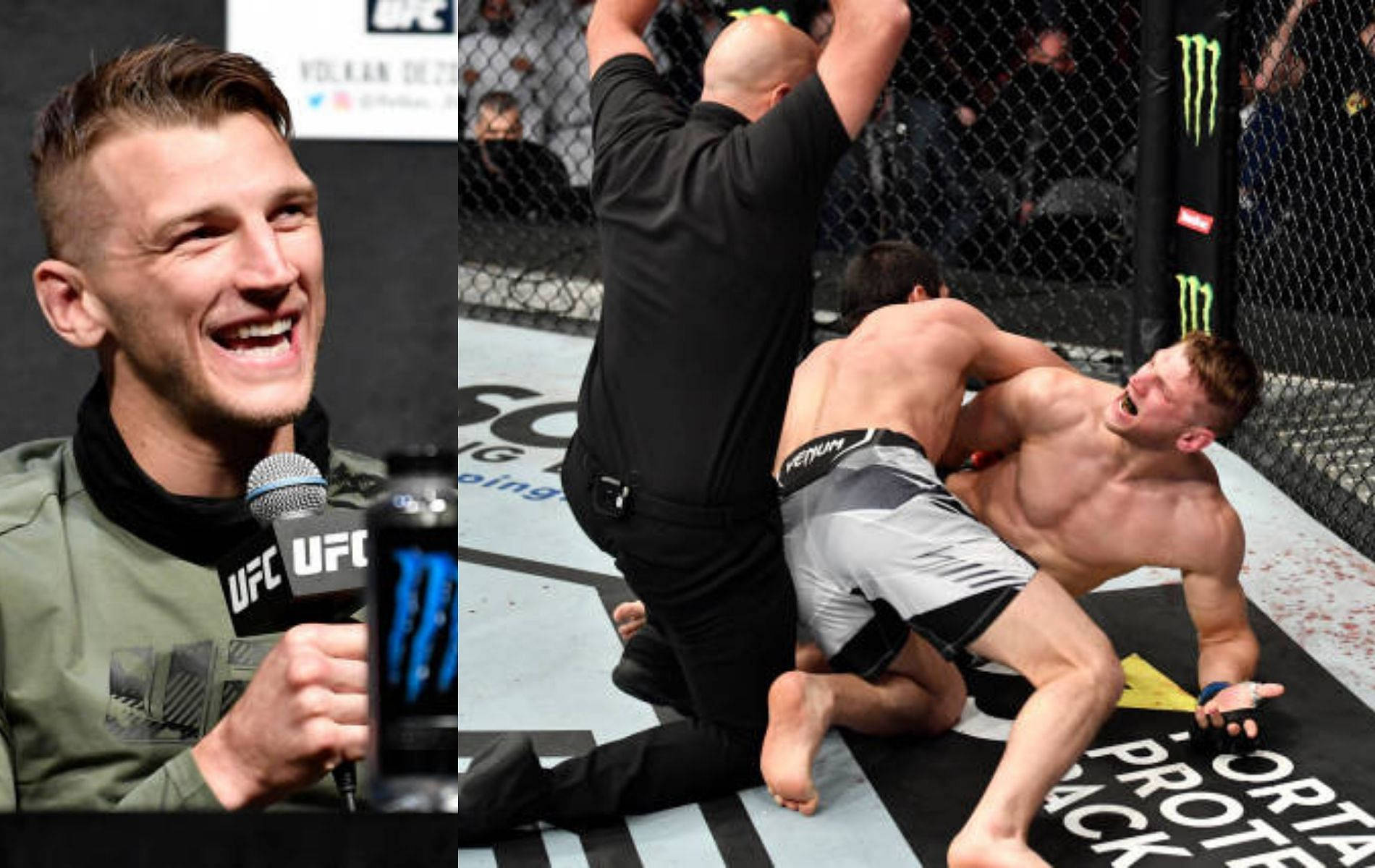 UFC 桌布 壁紙 — 一位微笑的UFC拳手在記者會上，旁邊是一張他八角籠中纏鬥、裁判介入的分割圖片。