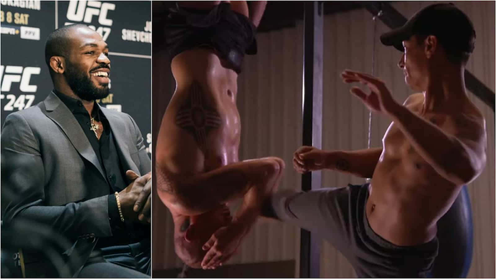 MMA 桌布 壁紙 — 一位微笑的UFC拳手身穿西裝，坐在一位赤裸上身的運動員旁邊，後者正在激烈訓練中踢腿。