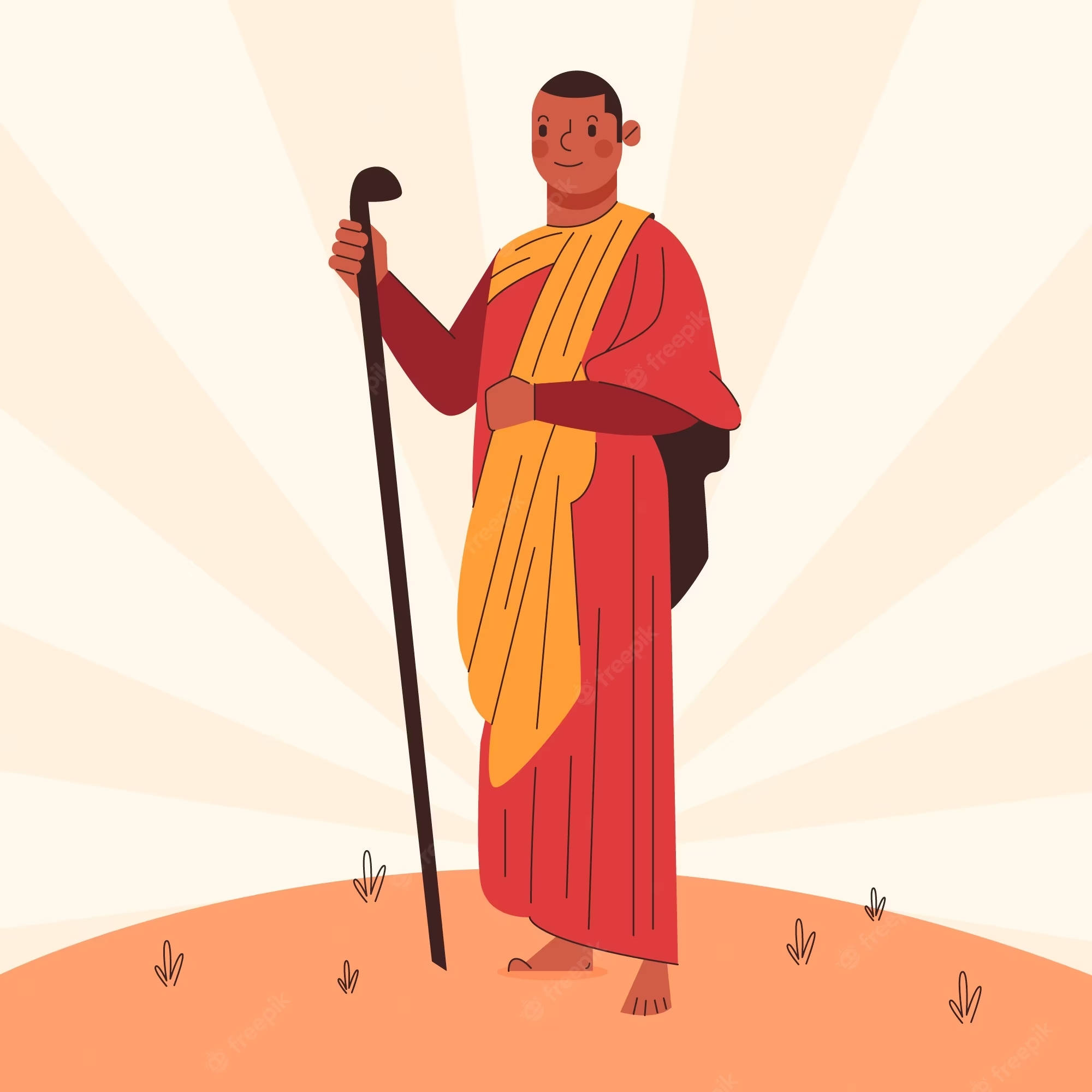 藝術 桌布 壁紙 — 一位微笑的僧侶身穿紅黃僧袍，赤腳站在沙丘上，手持禪杖，背景是燦爛的陽光。