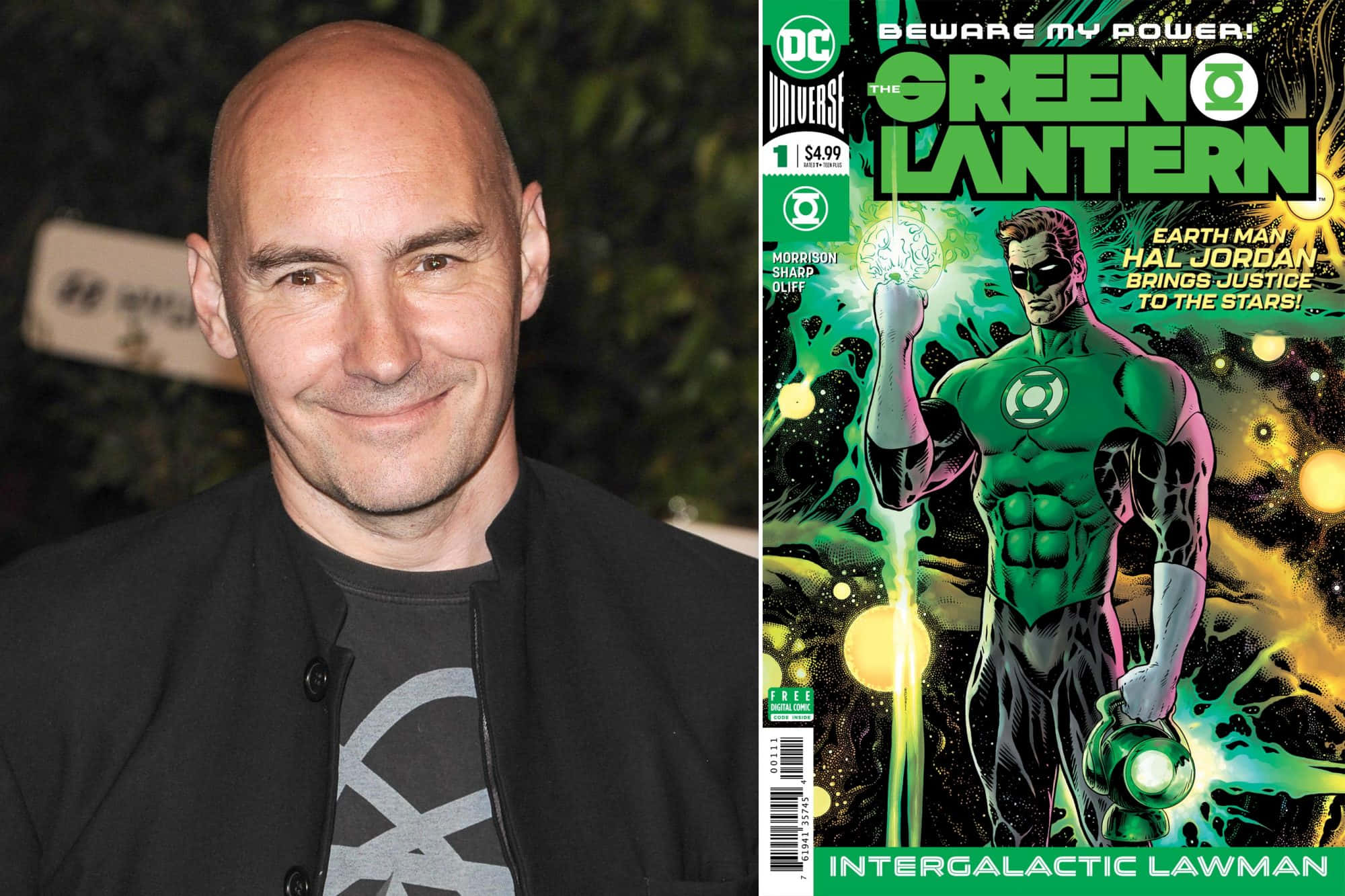 Grant Morrison 桌布 壁紙 — 一位微笑的光頭男子穿著黑色外套，站在充滿活力的綠燈俠漫畫封面旁，封面上的哈爾·喬丹身處宇宙場景。