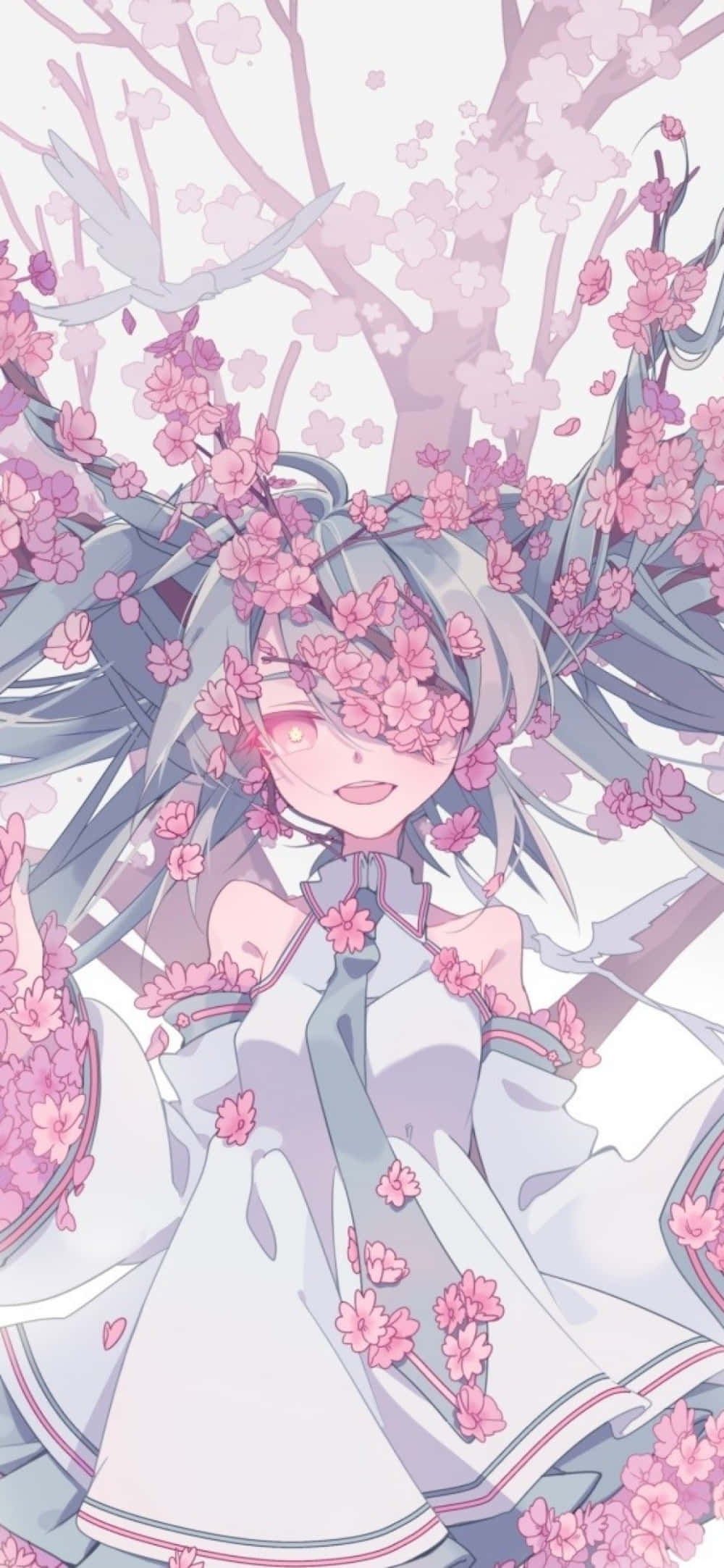 Anime Girl Phone 桌布 壁紙 — 一位微笑的動漫女孩，擁有灰色長髮和粉紅色眼睛，站在盛開的櫻花樹下，花瓣以柔和的粉彩色調在她周圍旋轉。