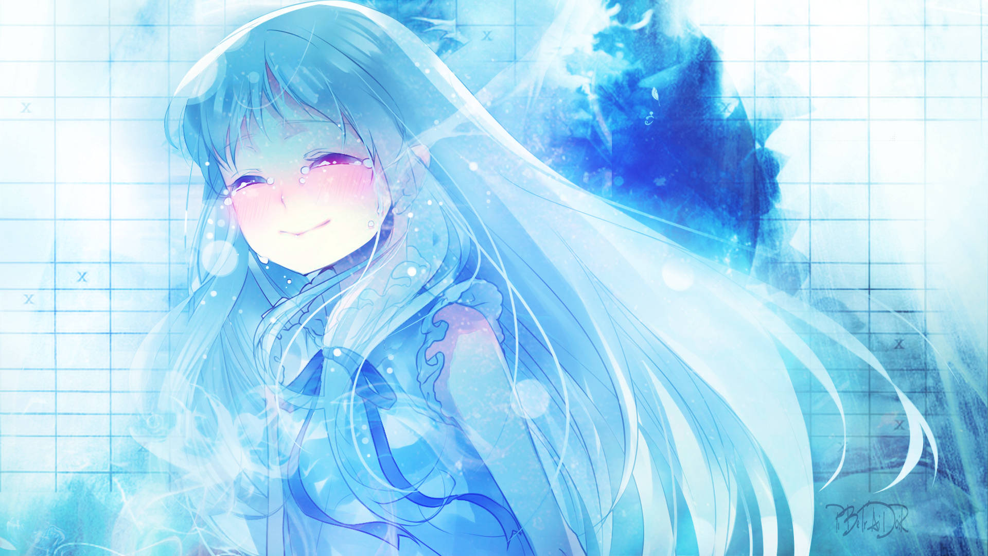 Anohana 桌布 壁紙 — 一位微笑的動漫女孩，擁有長長的藍色頭髮和發光的眼睛，站在帶有柔和藍色光效的網格背景前。