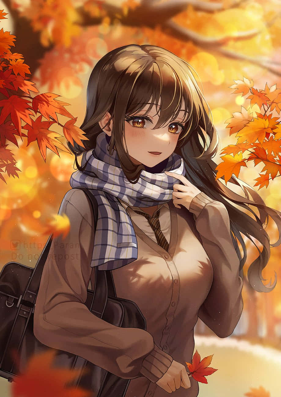 動漫女孩 桌布 壁紙 — 一位微笑的動漫女孩，棕色頭髮，戴著格子圍巾，站在溫暖金色光線下鮮豔的橙色秋葉中。