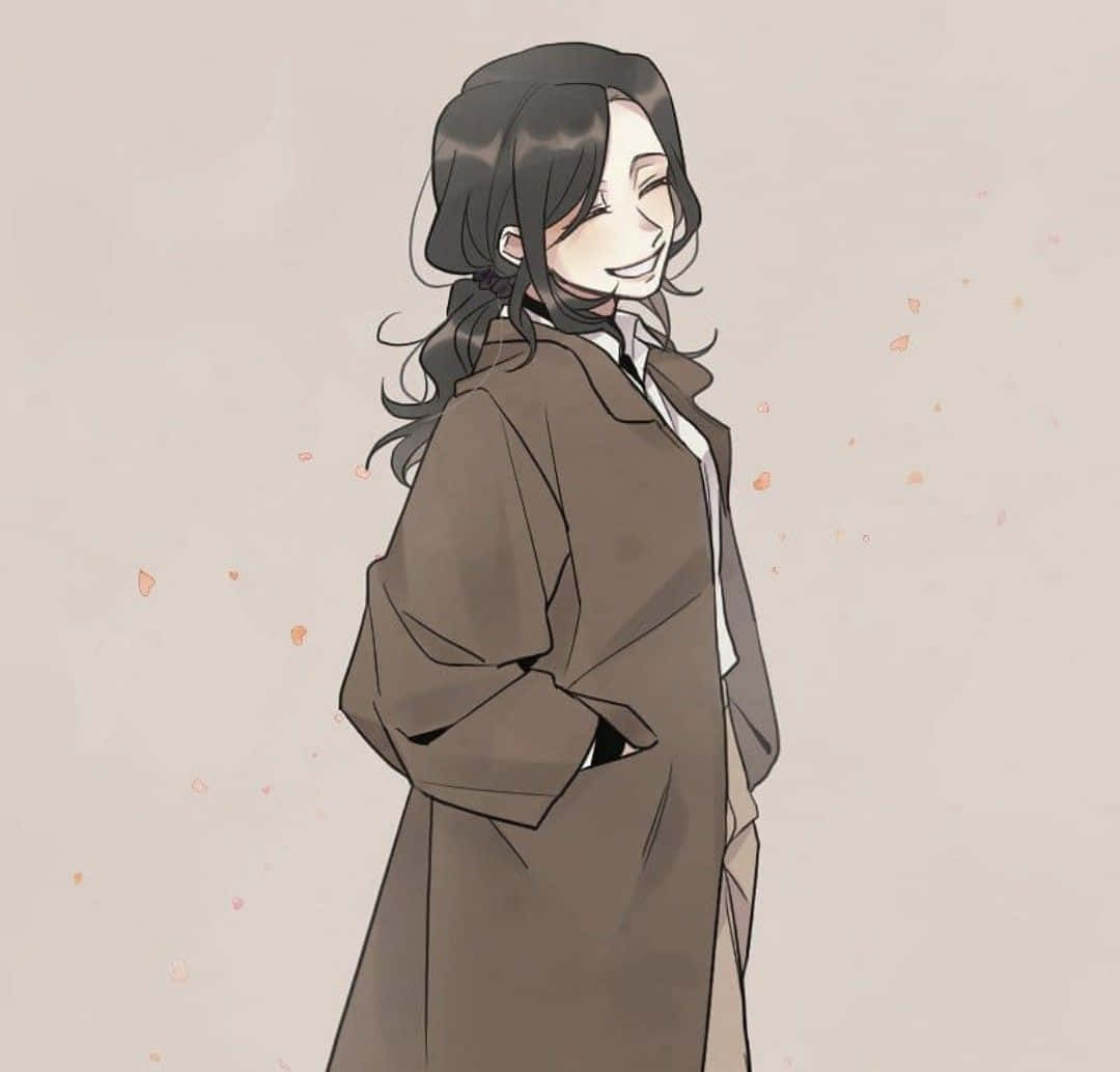 Pieck Finger 桌布 壁紙 — 一位微笑的動漫女孩，深色頭髮，穿著棕色外套，站在柔和的米色背景前，周圍有飄浮的粉紅色花瓣。