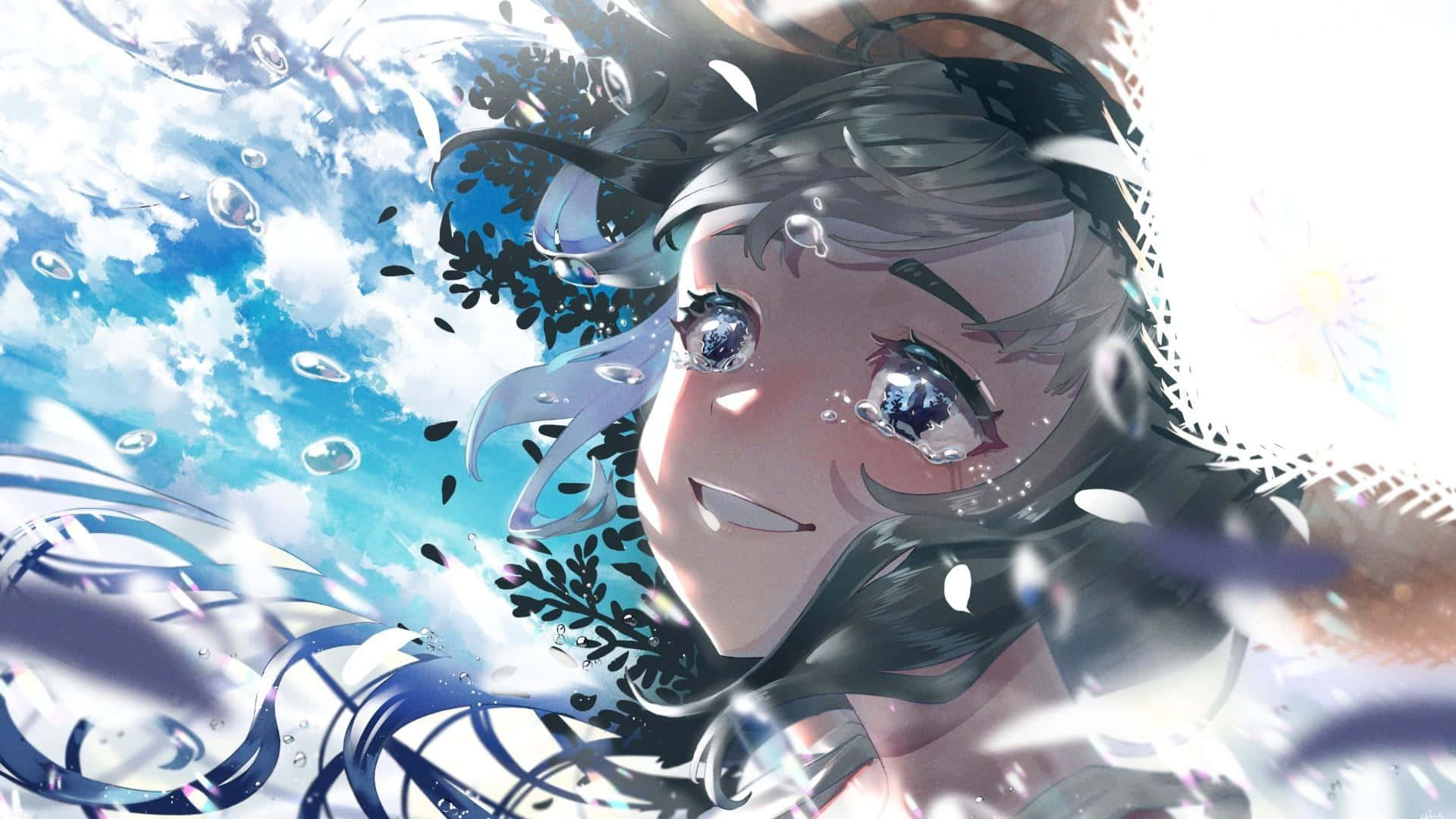 cry 桌布 壁紙 — 一位微笑的動漫女孩，深色頭髮，閃閃發光的眼睛，在明亮的天空下被旋轉的水泡和漂浮的樹葉包圍。