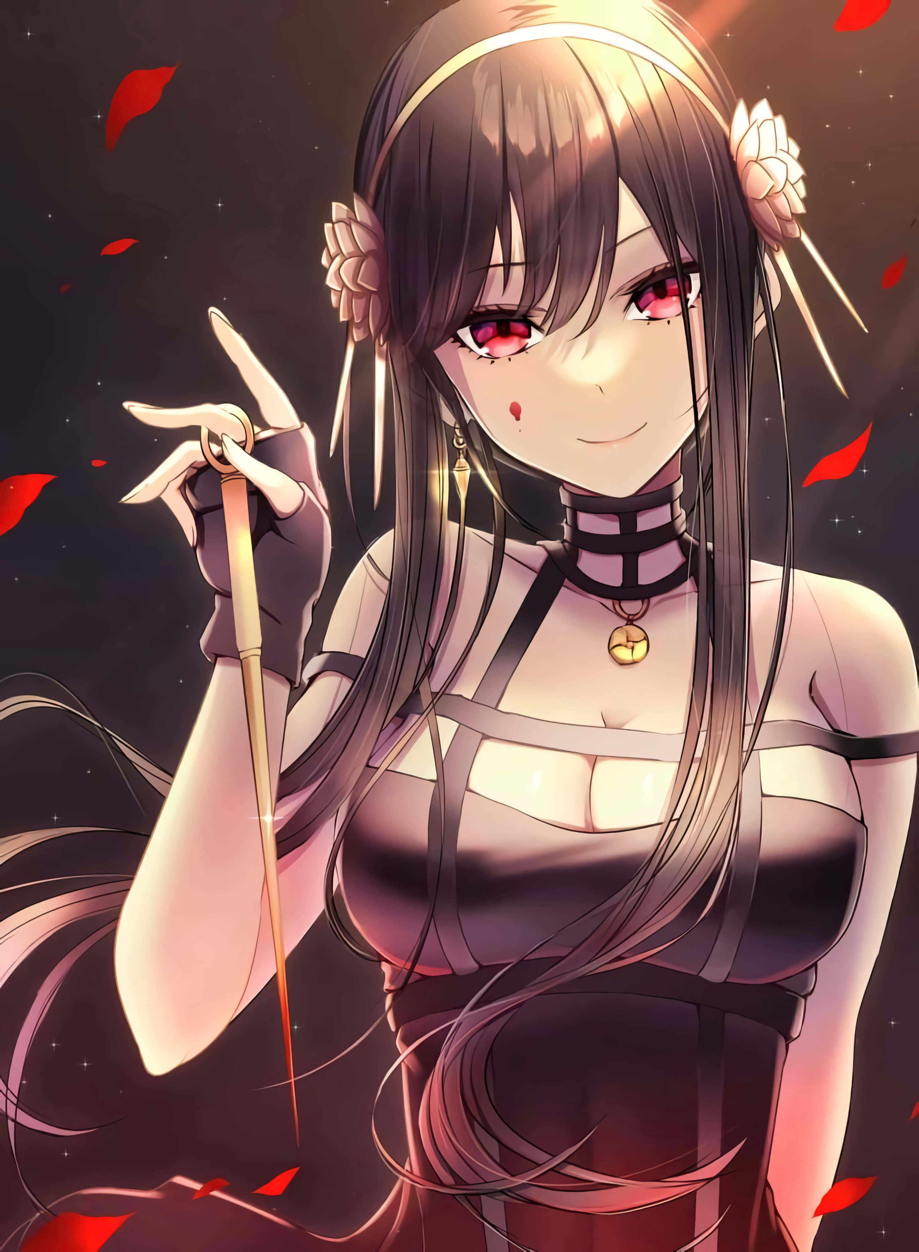 anime profile 桌布 壁紙 — 一位微笑的動漫女孩，長著深色長髮和紅色眼睛，在星空夜空中飄落的紅色花瓣中手持法杖。