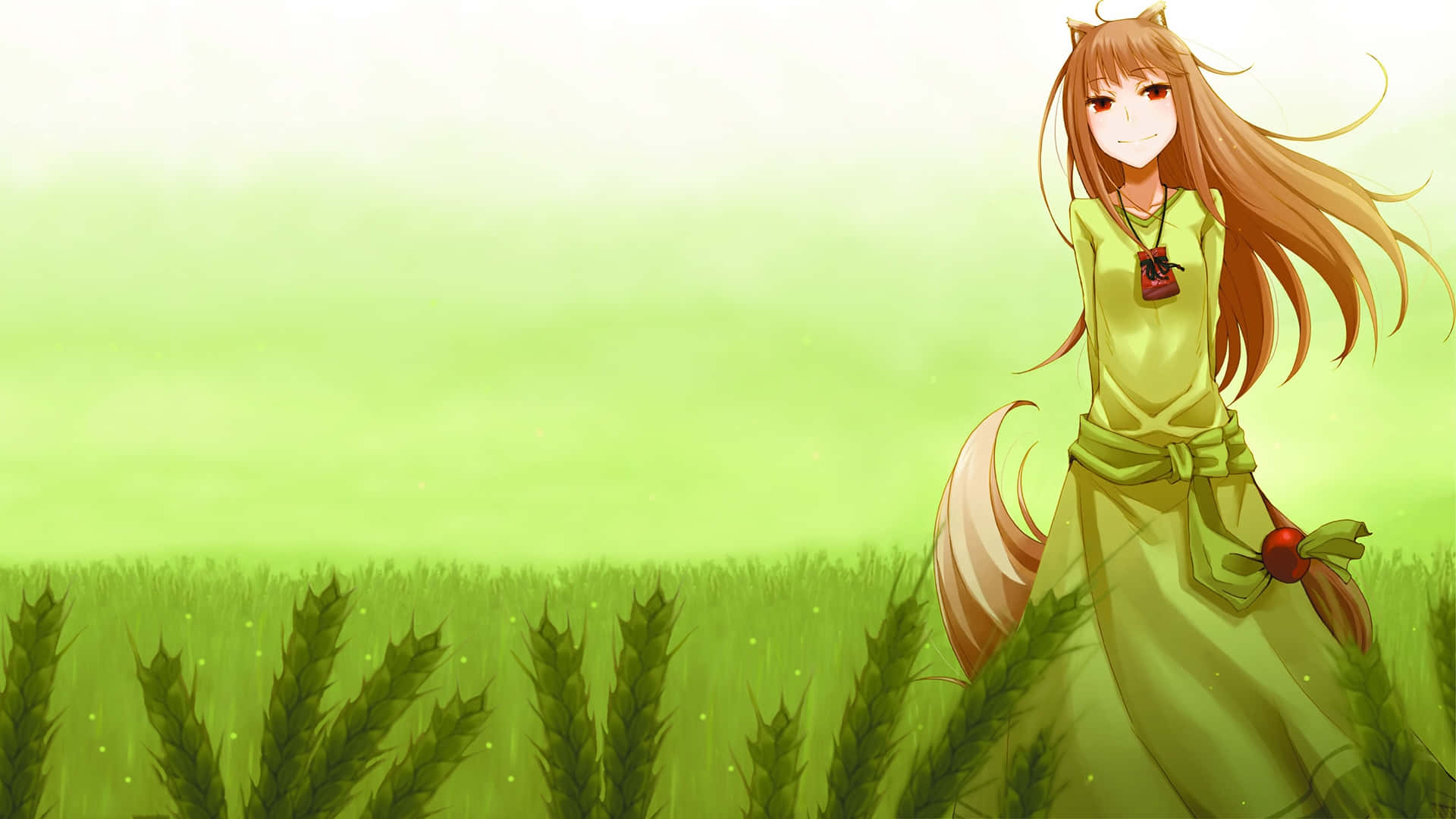 Spice And Wolf 桌布 壁紙 — 一位微笑的動漫女孩，長著狐狸耳朵和尾巴，站在一片生機勃勃的綠色高草田野中，天空柔和。
