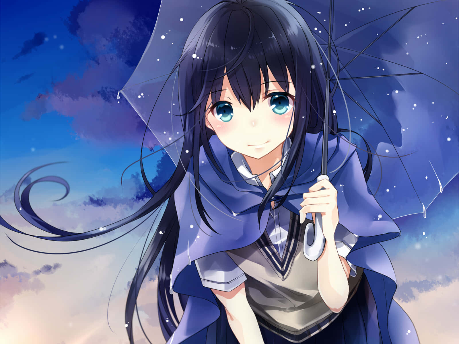 Anime Girl Black Hair 桌布 壁紙 — 一位微笑的動漫女孩，長著黑色長髮和藍色眼睛，在繁星點點的黃昏天空下拿著透明雨傘。
