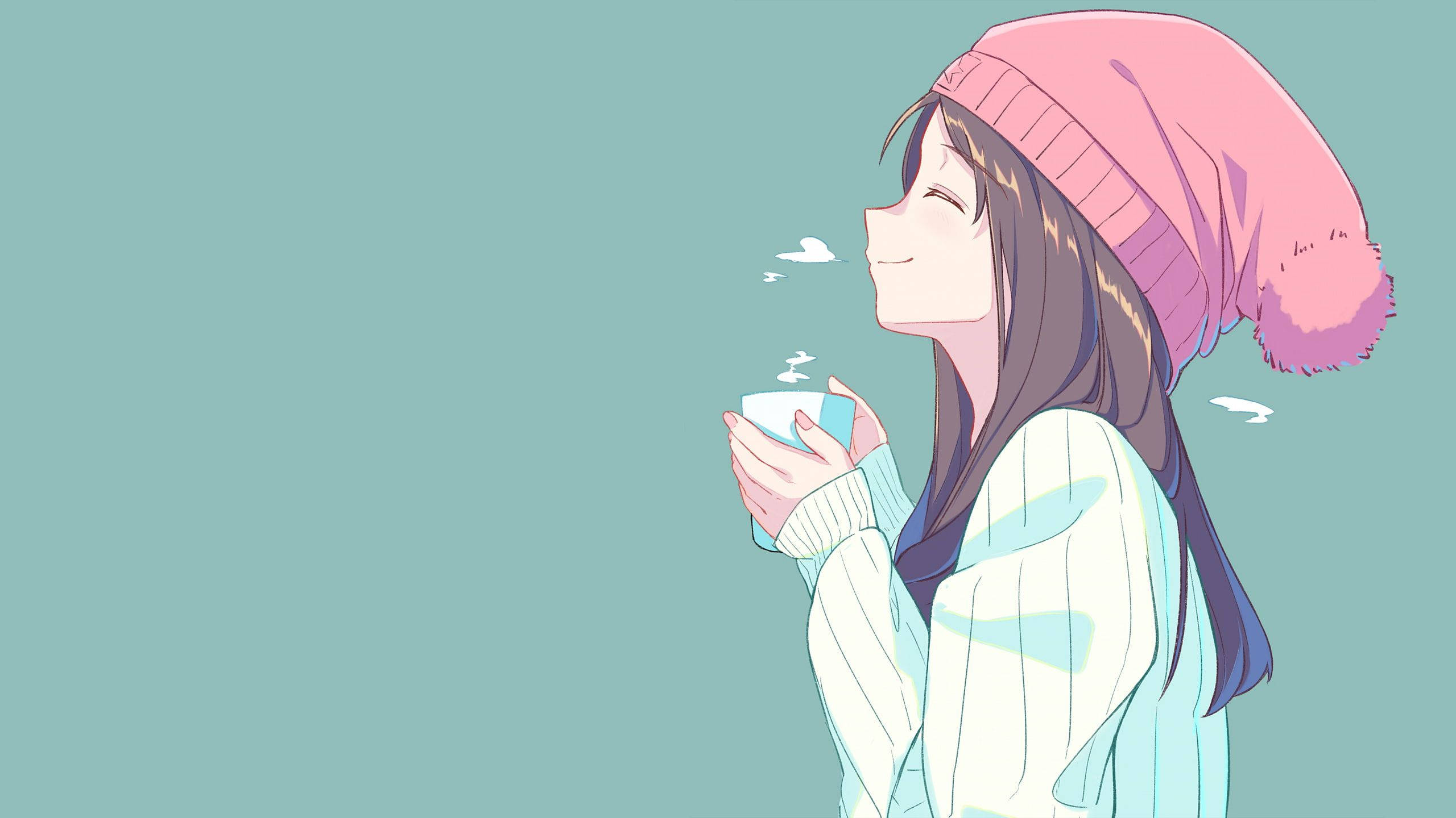 Beanie 桌布 壁紙 — 一位微笑的動漫女孩戴著粉紅色無邊帽，在柔和的青綠色背景前啜飲冒著蒸氣的馬克杯。