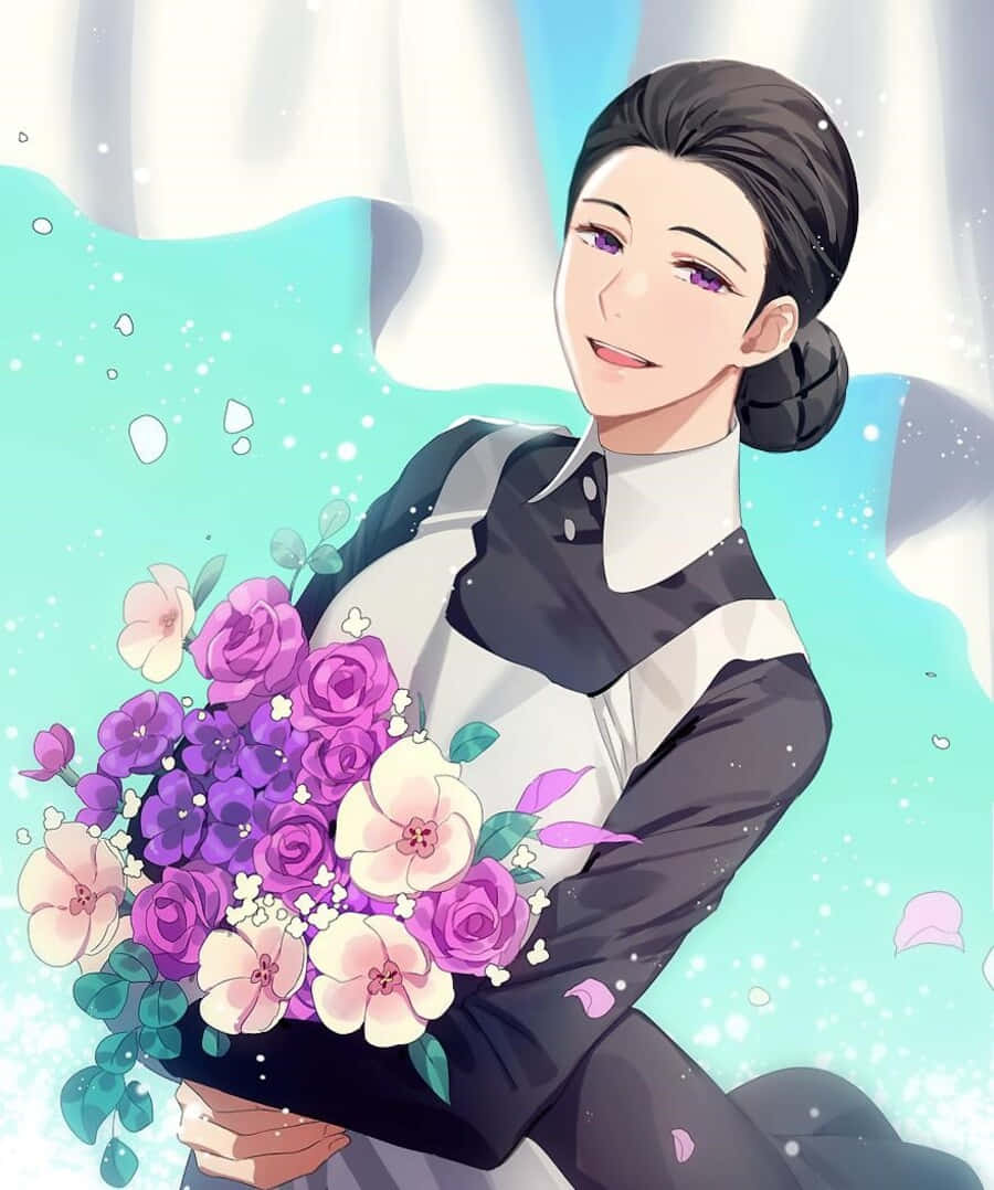 The Promised Neverland Isabella 桌布 壁紙 — 一位微笑的動漫女性，紫色眼睛，手持一束鮮豔的粉紅和紫色玫瑰，背景是柔和的藍色。