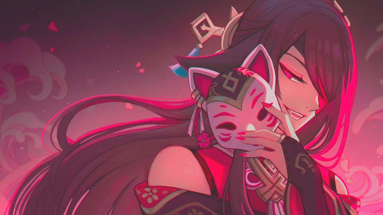 Genshin Impact Beidou 桌布 壁紙 — 一位微笑的動漫少女，長長的黑髮，將粉紅色的狐狸面具貼在臉上，粉紅色的花瓣在夢幻般的暮色天空中飄舞。