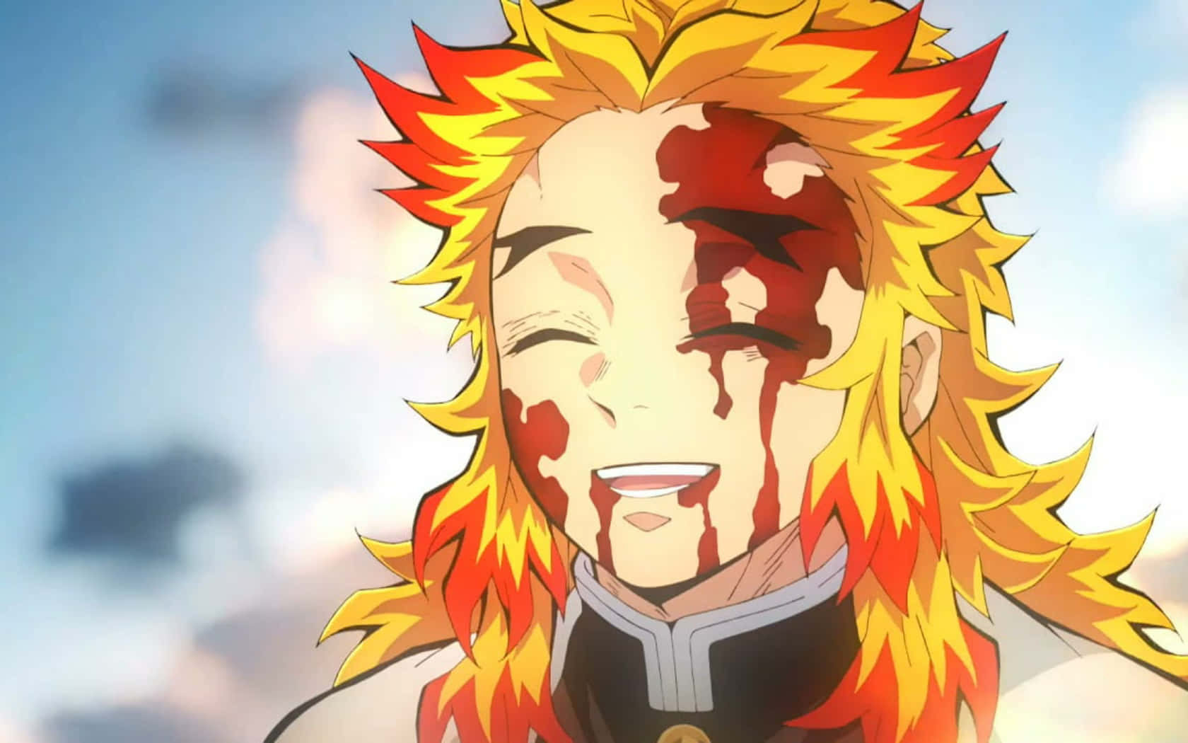 Rengoku Death 桌布 壁紙 — 一位微笑的動漫戰士，金色刺蝟頭，臉上帶有血痕，背景是陰天。