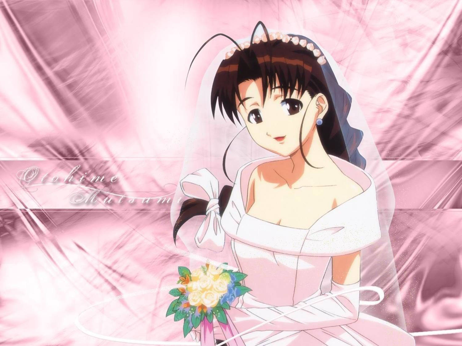 Hina 桌布 壁紙 — 一位微笑的動漫新娘穿著白色禮服，在柔軟的粉紅色布料背景前手持色彩繽紛的花束。