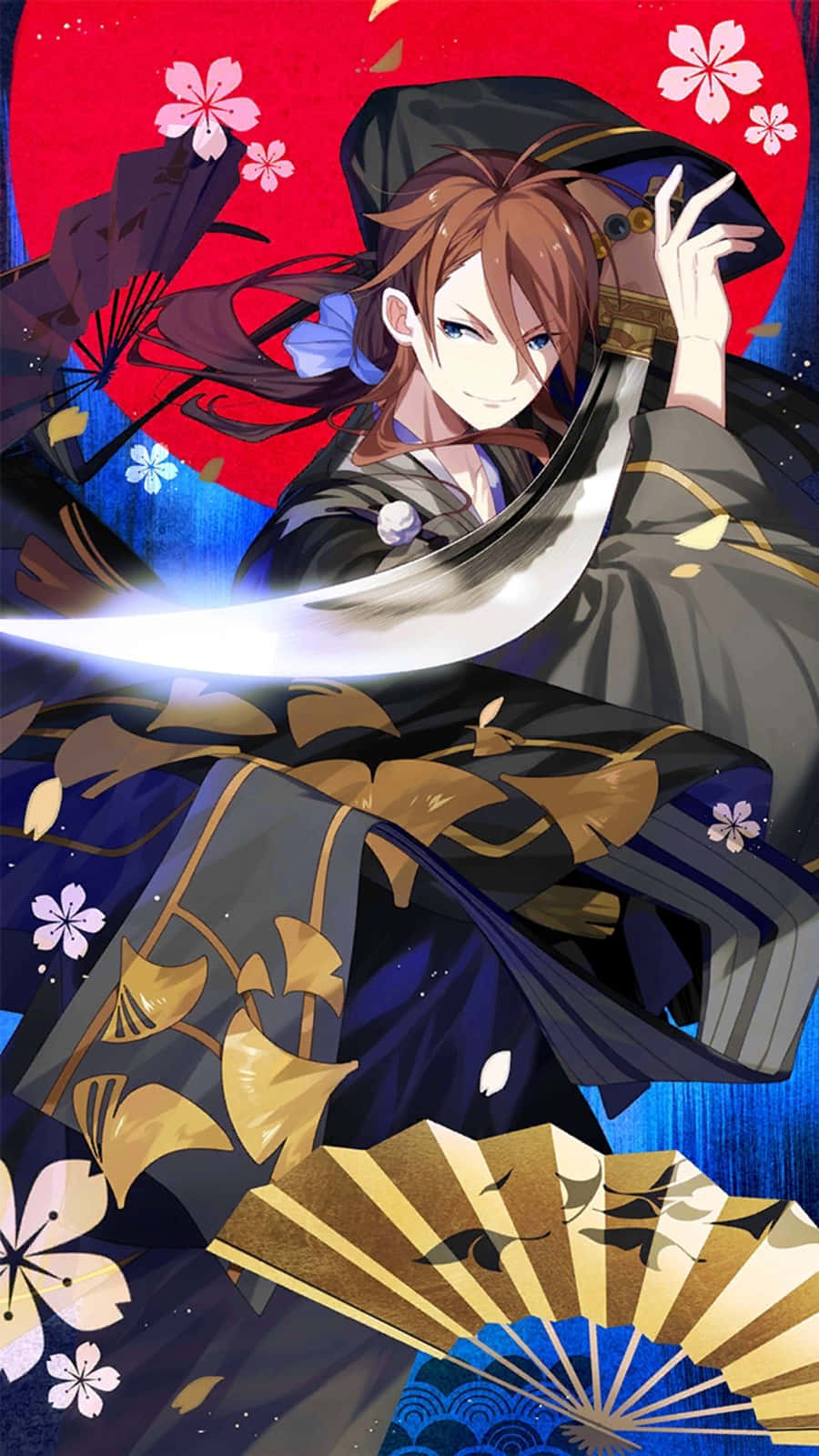 動漫武士手持發光劍和櫻花，穿著傳統服飾。 — King Von 壁紙