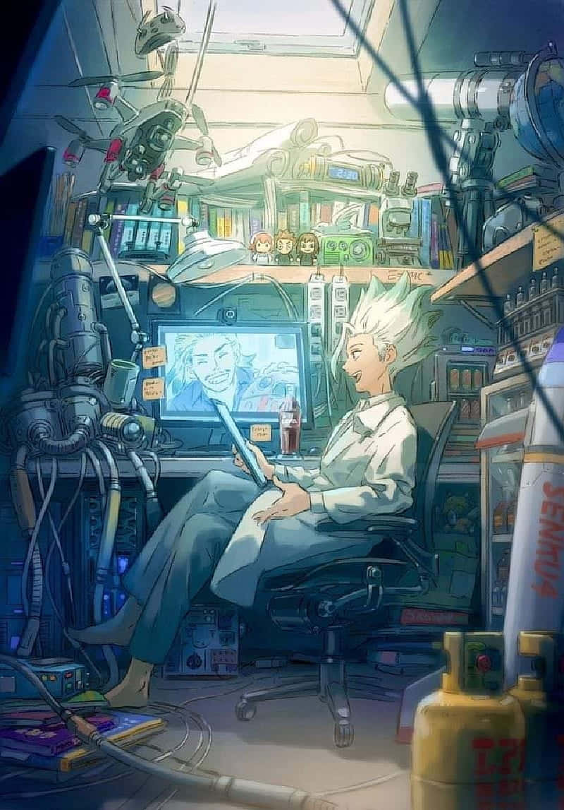 動漫 桌布 壁紙 — 一位微笑的動漫科學家，有著尖刺的白髮，坐在一個充滿小工具和顯示器的凌亂實驗室裡。