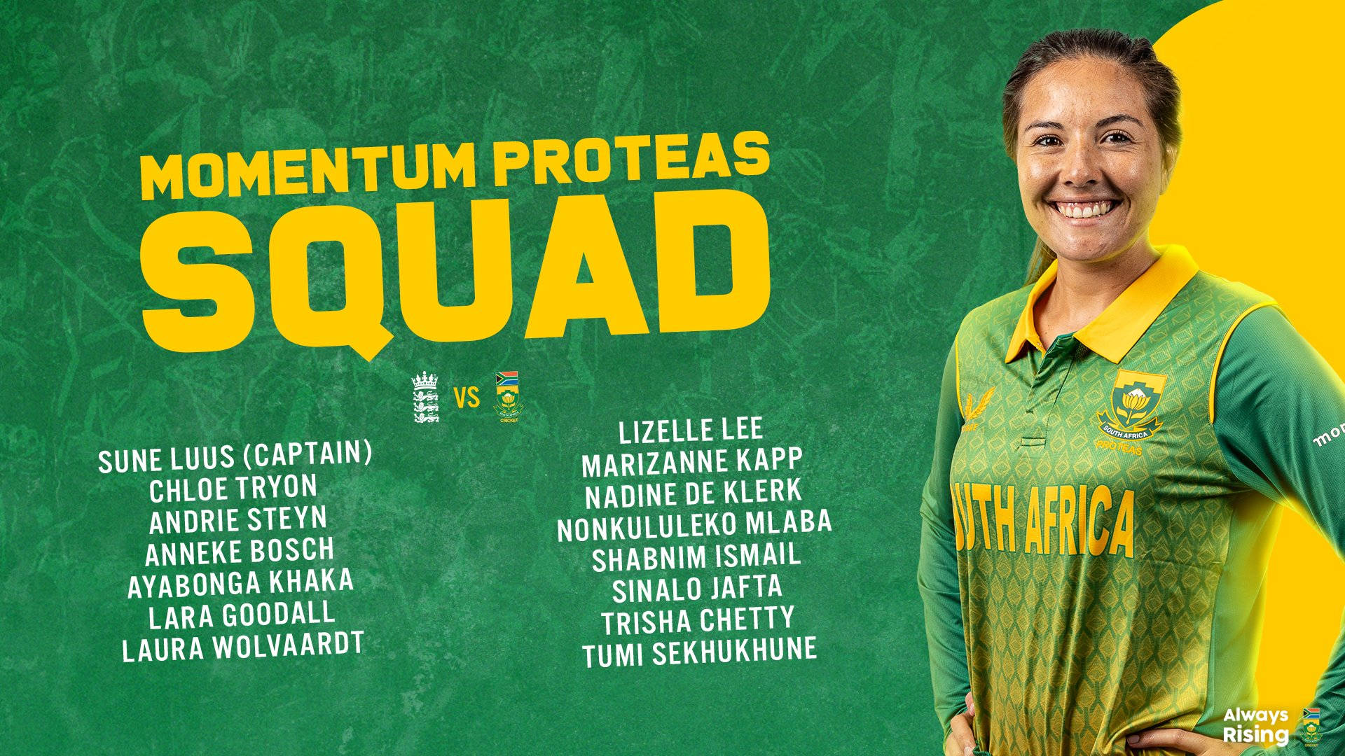 south africa cricket 桌布 壁紙 — 一位微笑的南非板球運動員身穿綠色和黃色制服，站在列出 Momentum Proteas 陣容的粗體文字旁。