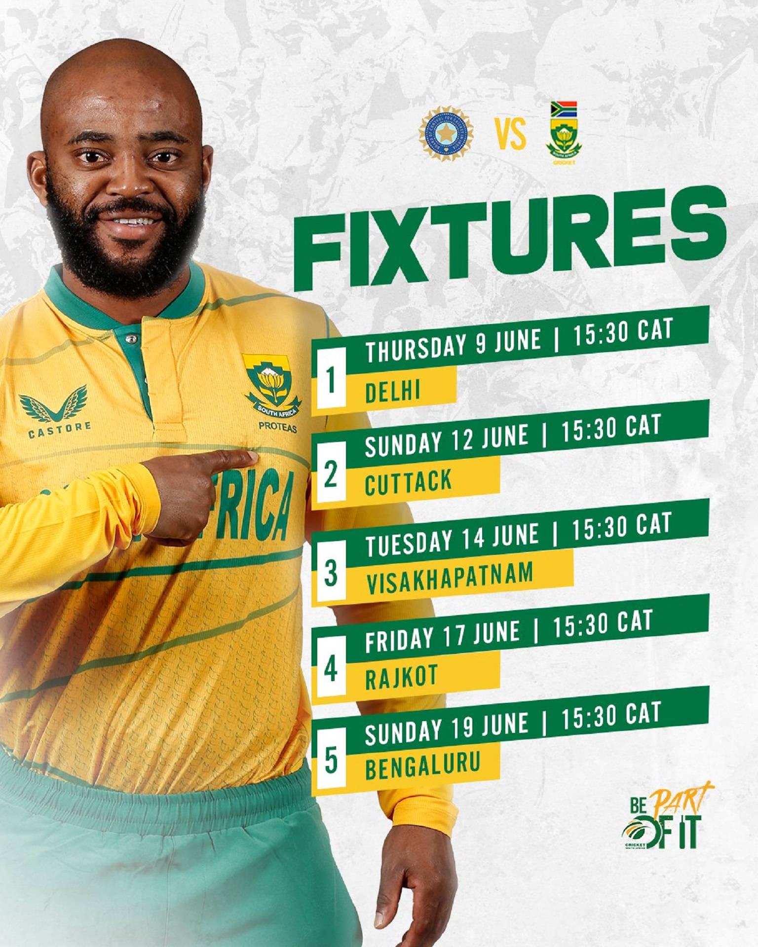 south africa cricket 桌布 壁紙 — 一位微笑的南非板球運動員身穿黃色球衣，指著一份列出在印度城市對陣印度的賽程表。