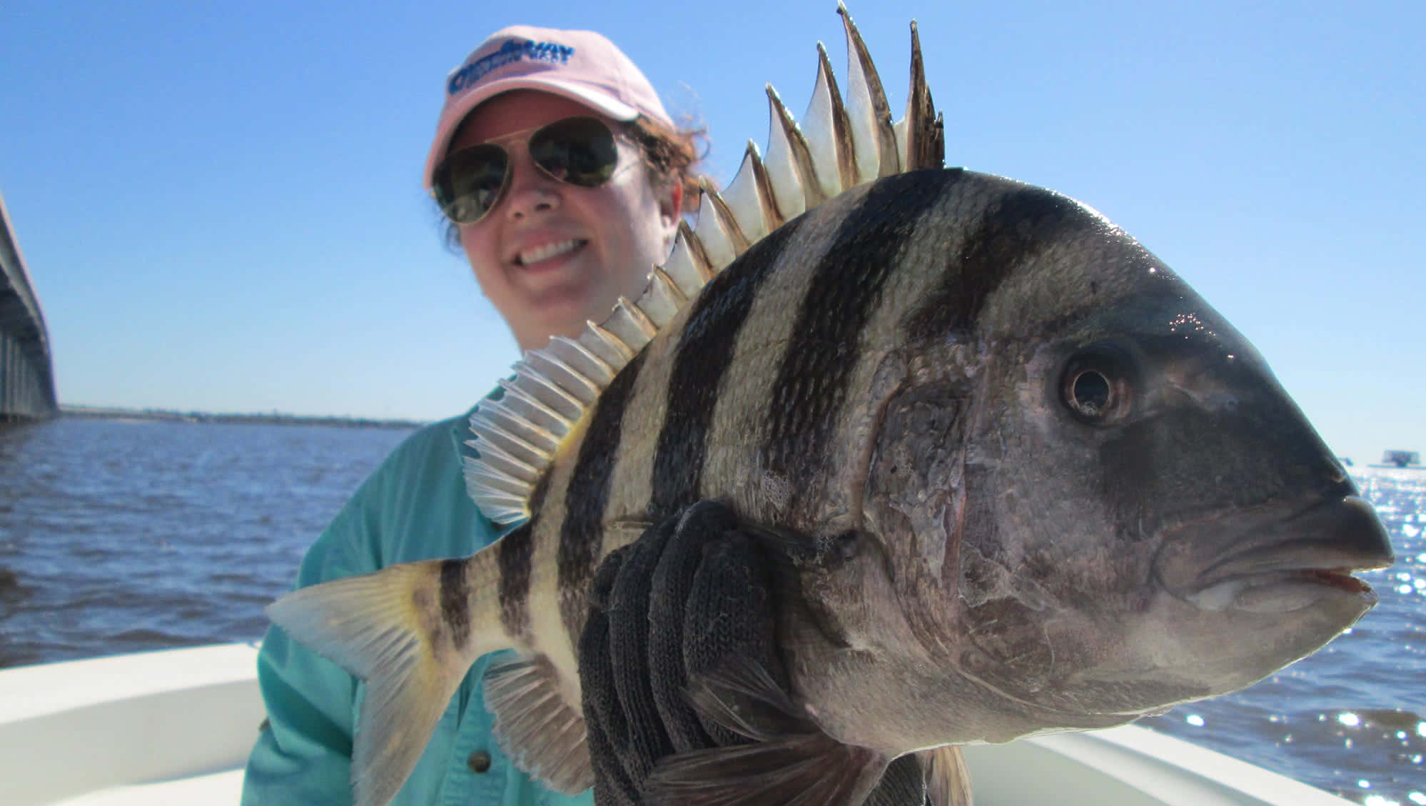 Sheepshead Fish 桌布 壁紙 — 一位微笑的女士在船上自豪地舉起一條大型條紋魚，背景是明亮的藍天和海水。