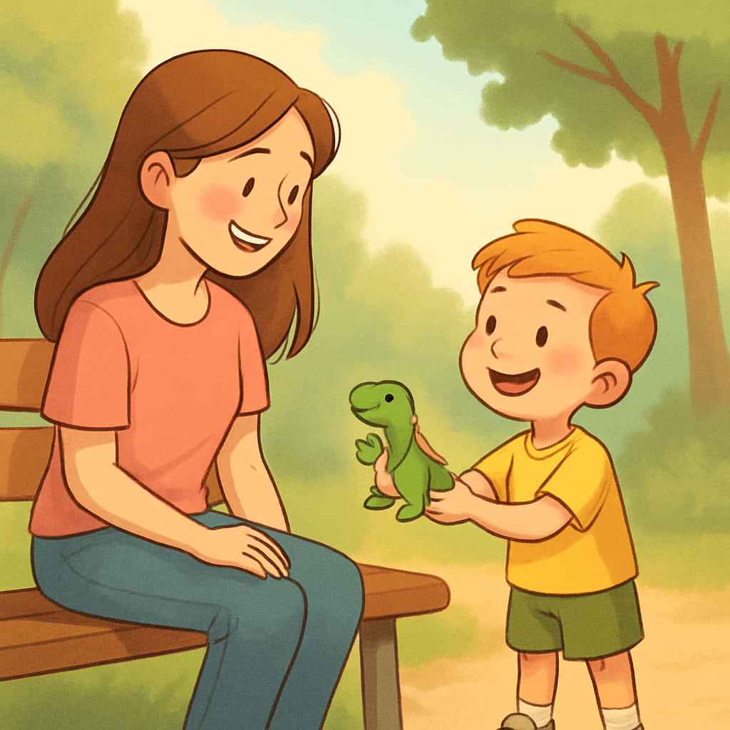 kid 桌布 壁紙 — 一位微笑的女士坐在公園長椅上，一個穿著黃色襯衫的快樂男孩向她展示一個綠色恐龍玩具。