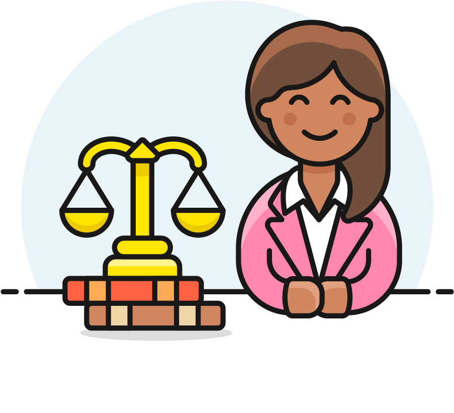 Lawyer 桌布 壁紙 — 一位微笑的女士身穿粉紅色西裝外套，坐在堆疊的書本上的一個金色天秤旁，象徵法律或學術平衡。