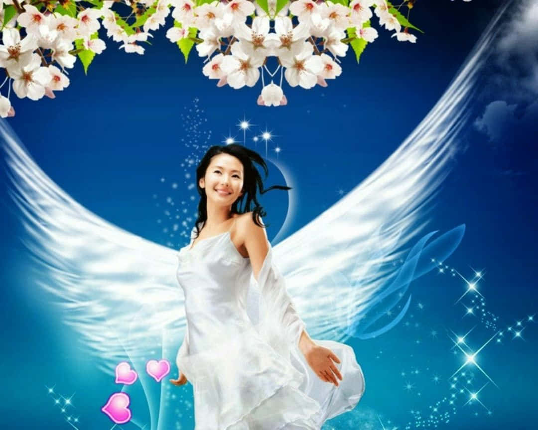 Beautiful Angel 桌布 壁紙 — 一位微笑的女子，帶有發光的白色翅膀和櫻花在她上方，背景是繁星點點的藍天。