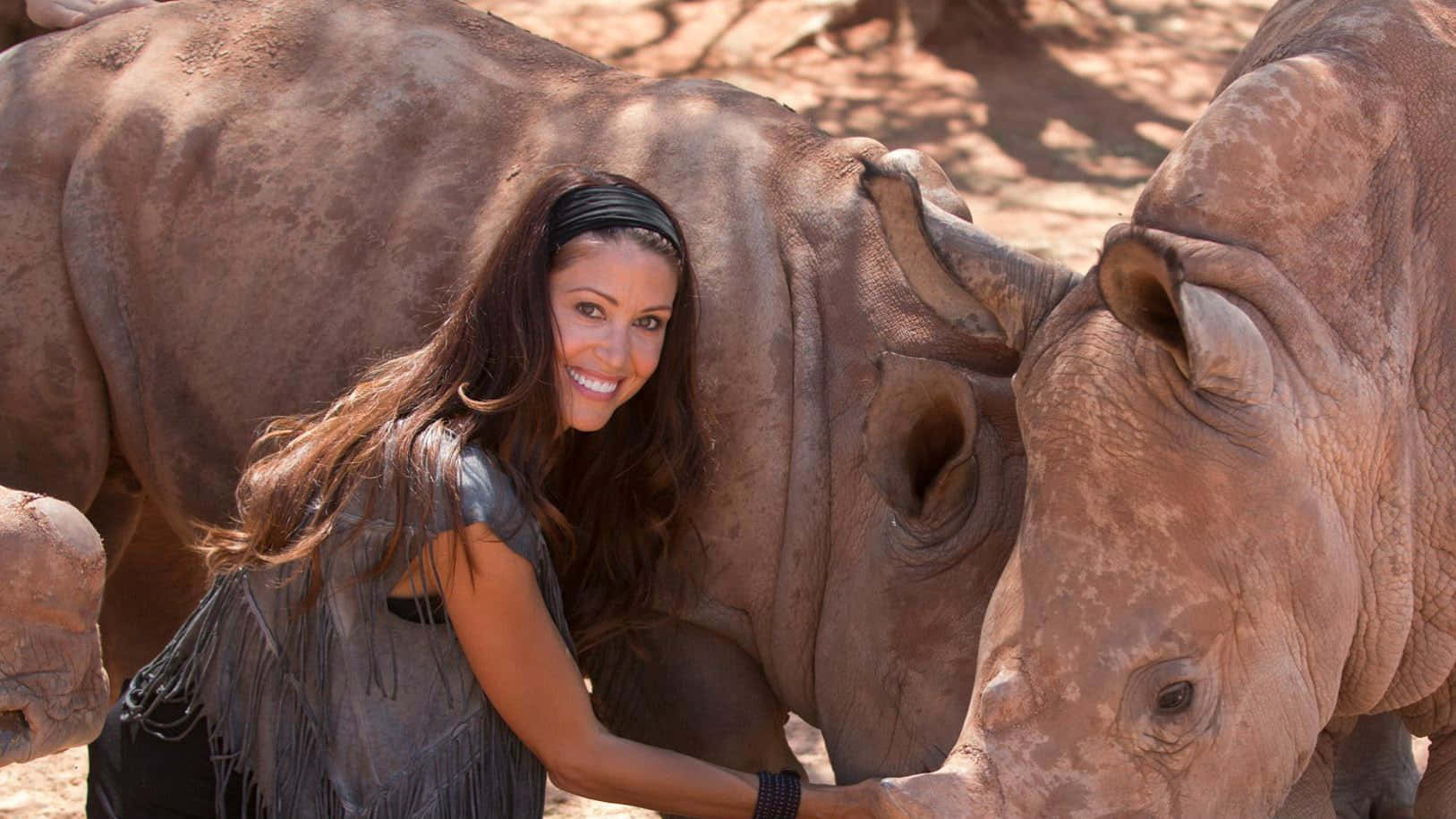 Shannon Elizabeth 桌布 壁紙 — 一位微笑的女子穿著流蘇上衣，在陽光明媚、塵土飛揚的圍欄中輕柔地觸摸一頭犀牛，附近還有另一頭犀牛。