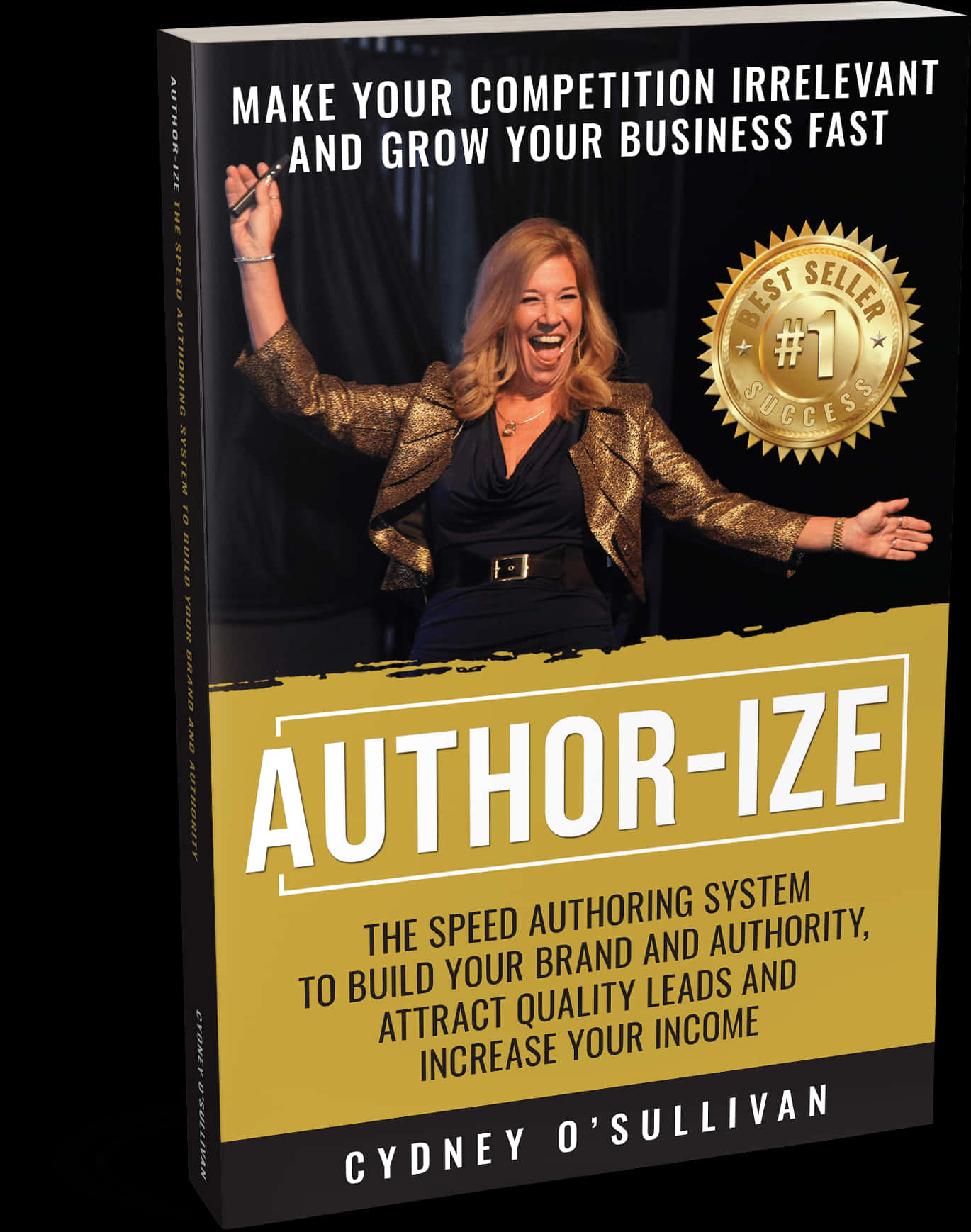 疼痛 桌布 壁紙 — 一位微笑的女子穿著金色外套，在名為「AUTHOR-IZE」的書封上慶祝，並帶有「Best Seller #1」徽章。