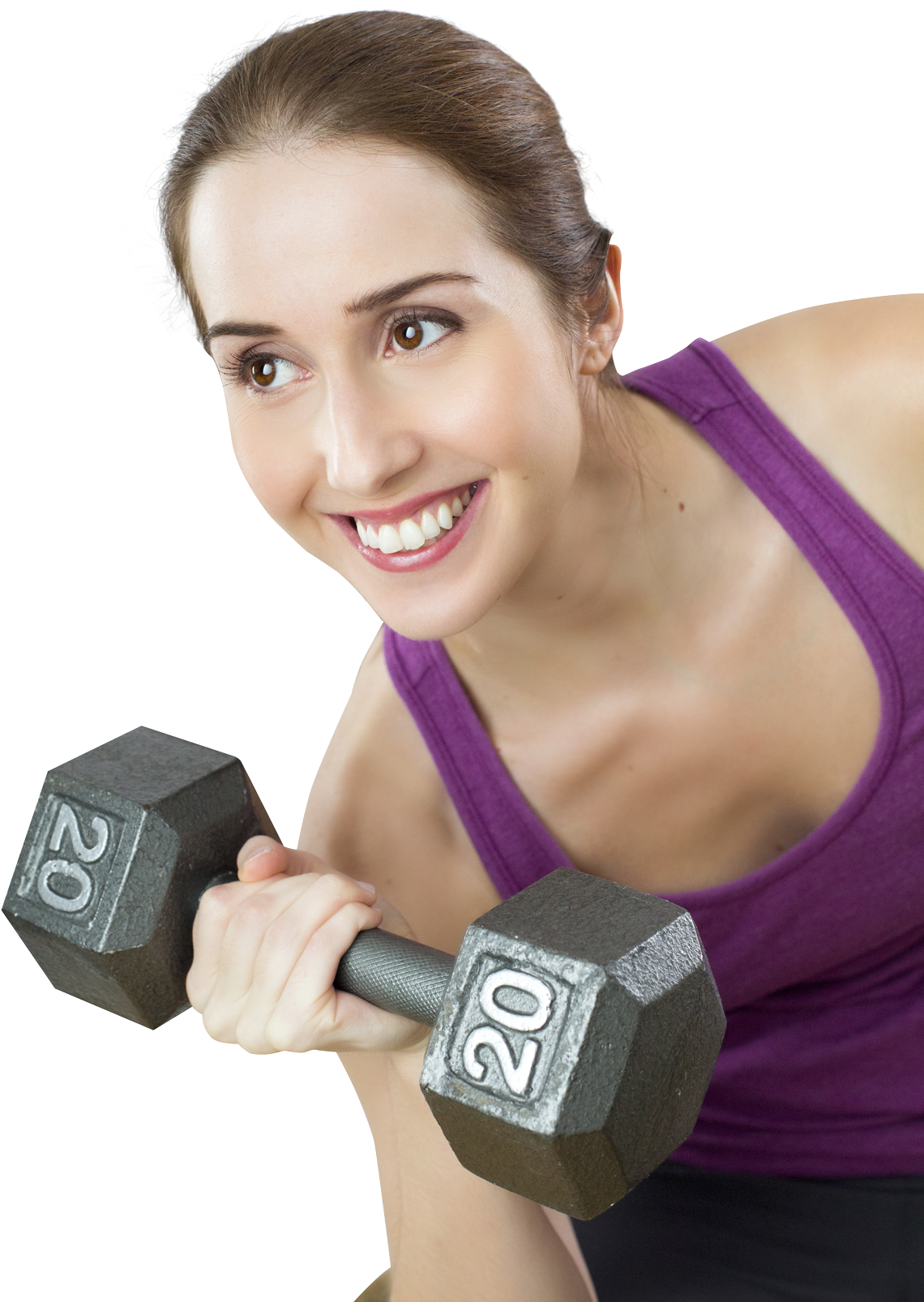 Fitness 桌布 壁紙 — 一位微笑的女性穿著紫色背心，在黑色背景下舉起20磅啞鈴。