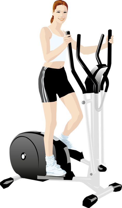 Fitness 桌布 壁紙 — 一位微笑的女性穿著運動服在黑色背景前的白色橢圓機上鍛煉。