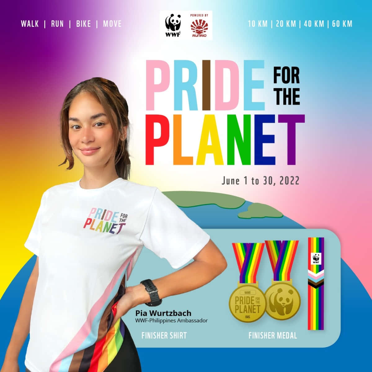 驕傲 桌布 壁紙 — 一位微笑的女性身穿彩虹主題的「Pride for the Planet」T恤，站在色彩繽紛的漸變背景前，推廣WWF環保活動。