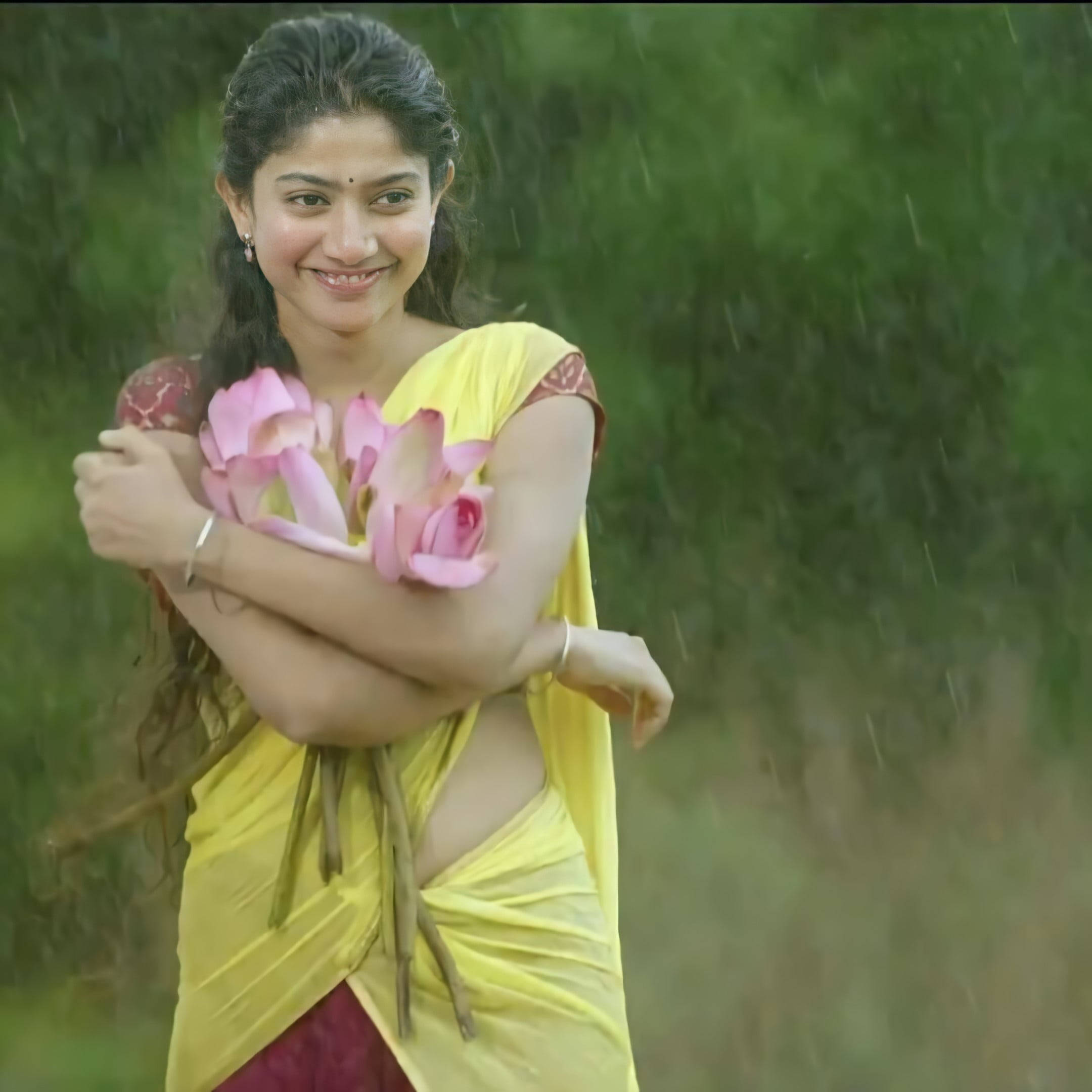 Sai Pallavi 桌布 壁紙 — 一位微笑的女性身穿黃色紗麗，在模糊的綠色背景下，雨輕輕落下，她手持粉紅色蓮花。