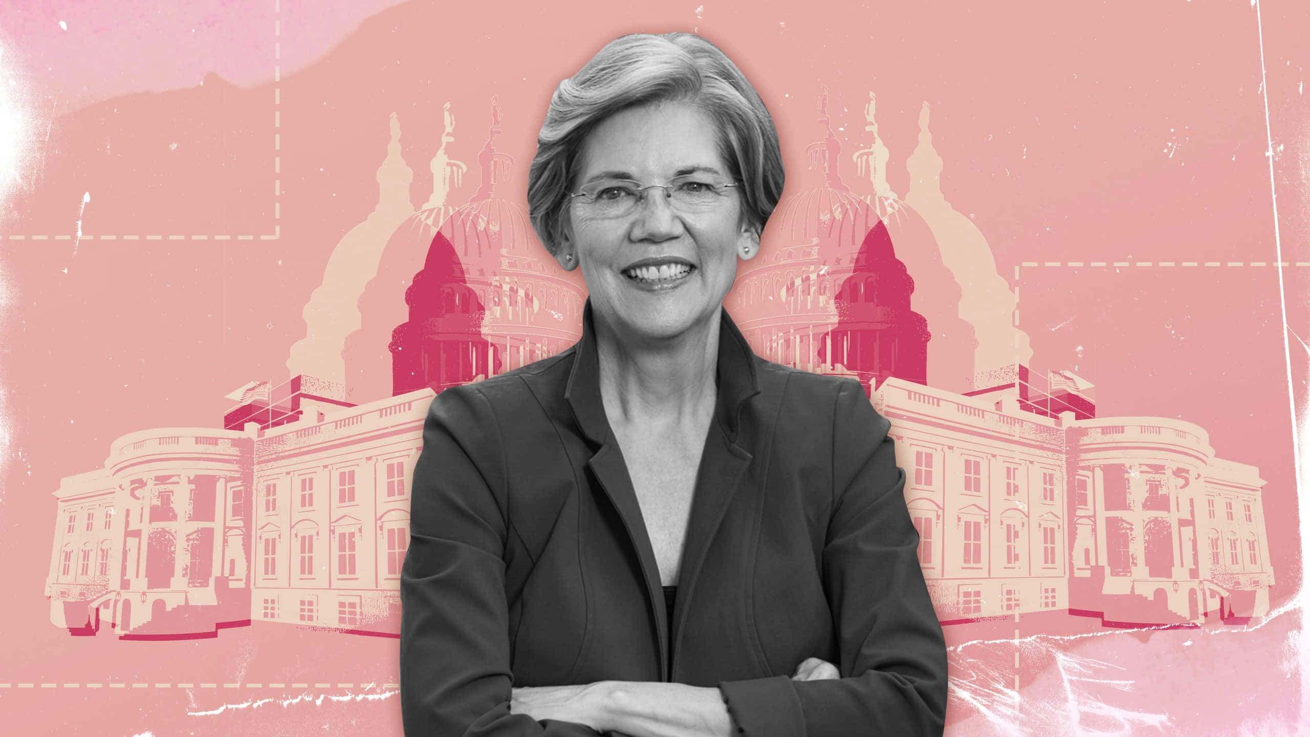 United States 桌布 壁紙 — 一位微笑的女性身穿黑色西裝外套，自信地交叉雙臂，站在一個風格化的粉紅色背景前，背景上有白色政府建築剪影。