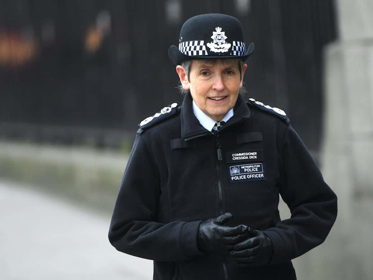警察 桌布 壁紙 — 一位微笑的女警司身穿黑色制服和格紋帽，自信地站在戶外。