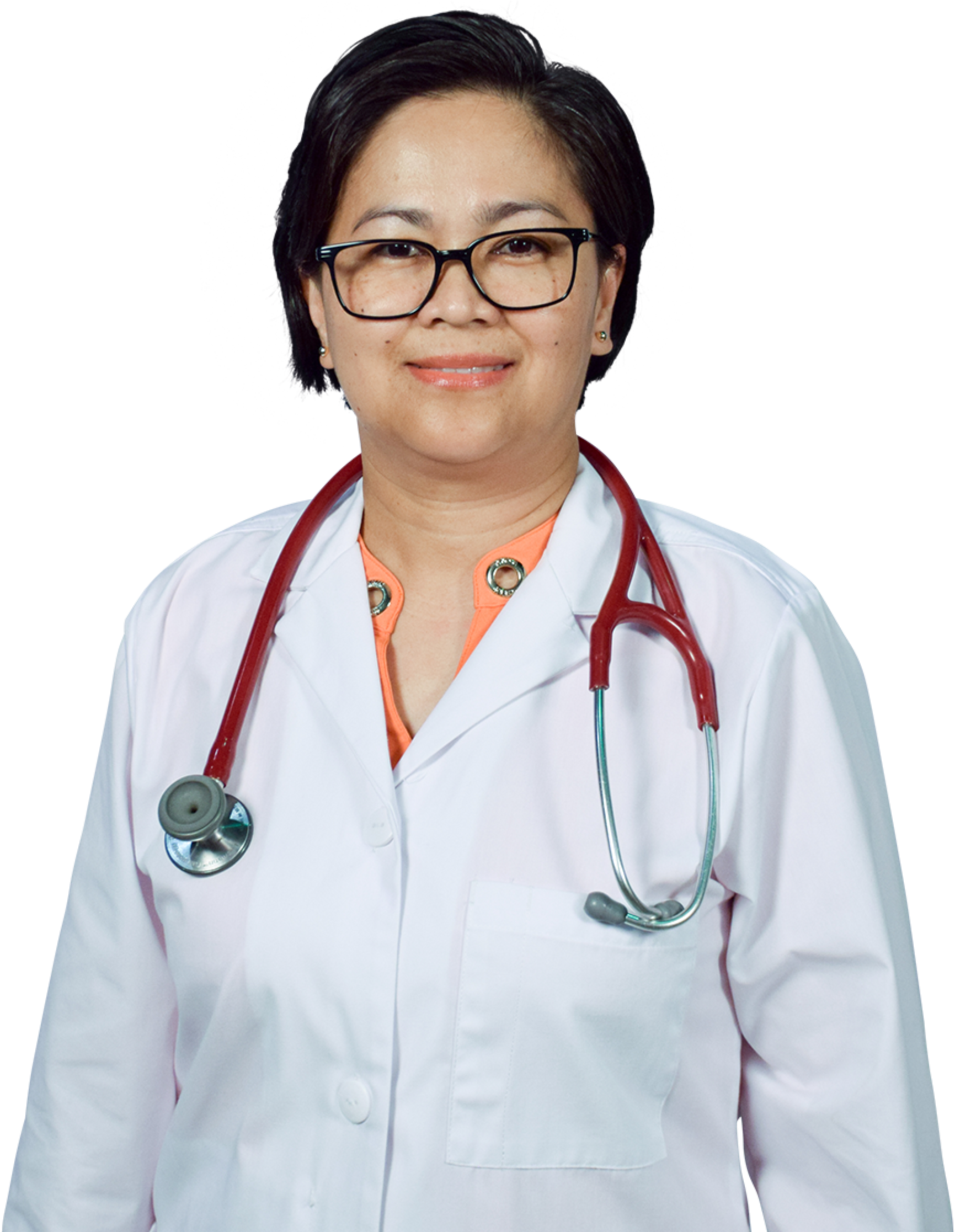 Physician 桌布 壁紙 — 一位微笑的女醫生，身穿白袍，戴著紅色聽診器，背景為黑色。