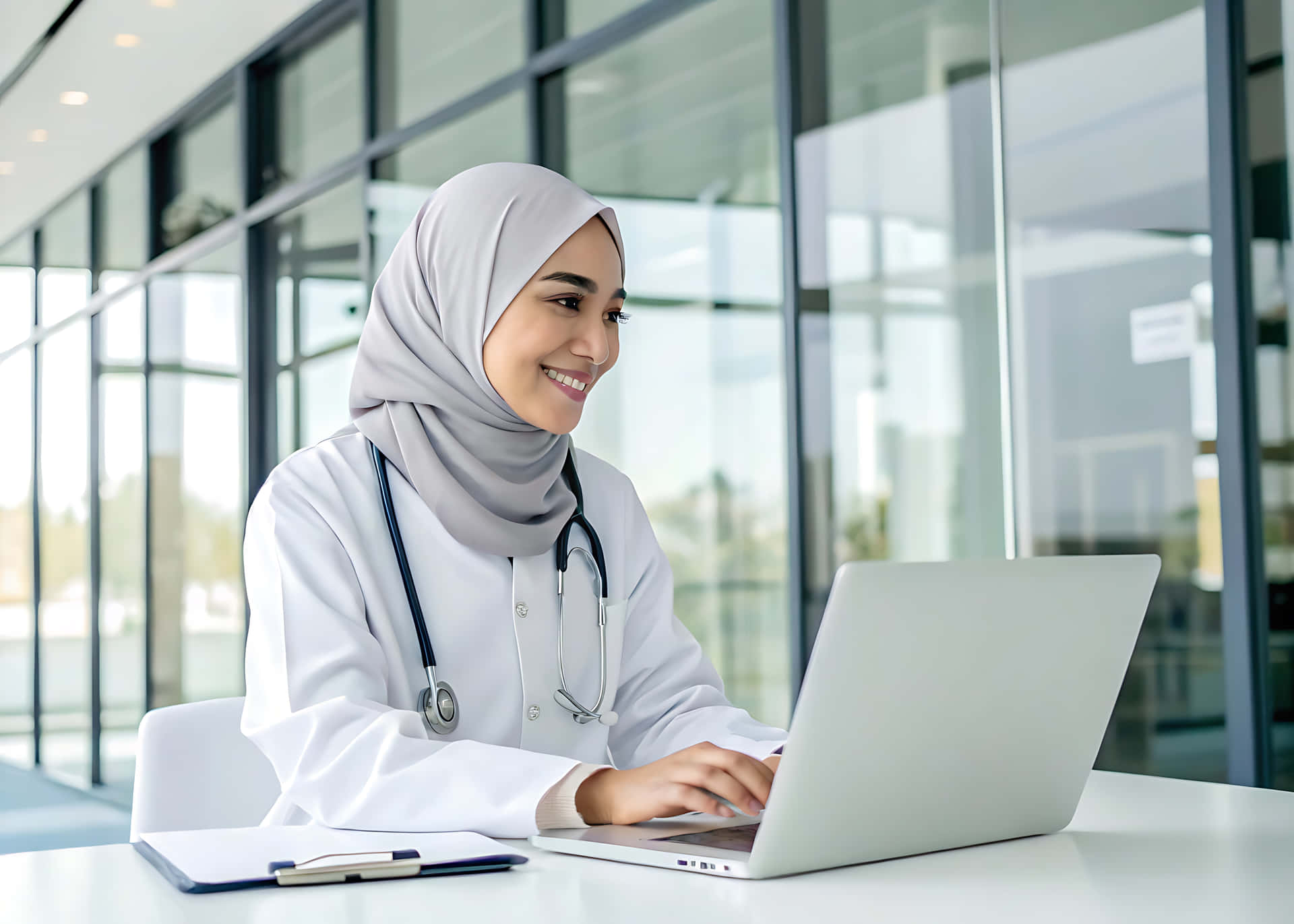 Doctor working at her desk 壁紙 — 一位微笑的女醫生，身穿白袍和淺灰色頭巾，在明亮現代、玻璃牆的診所裡打字。