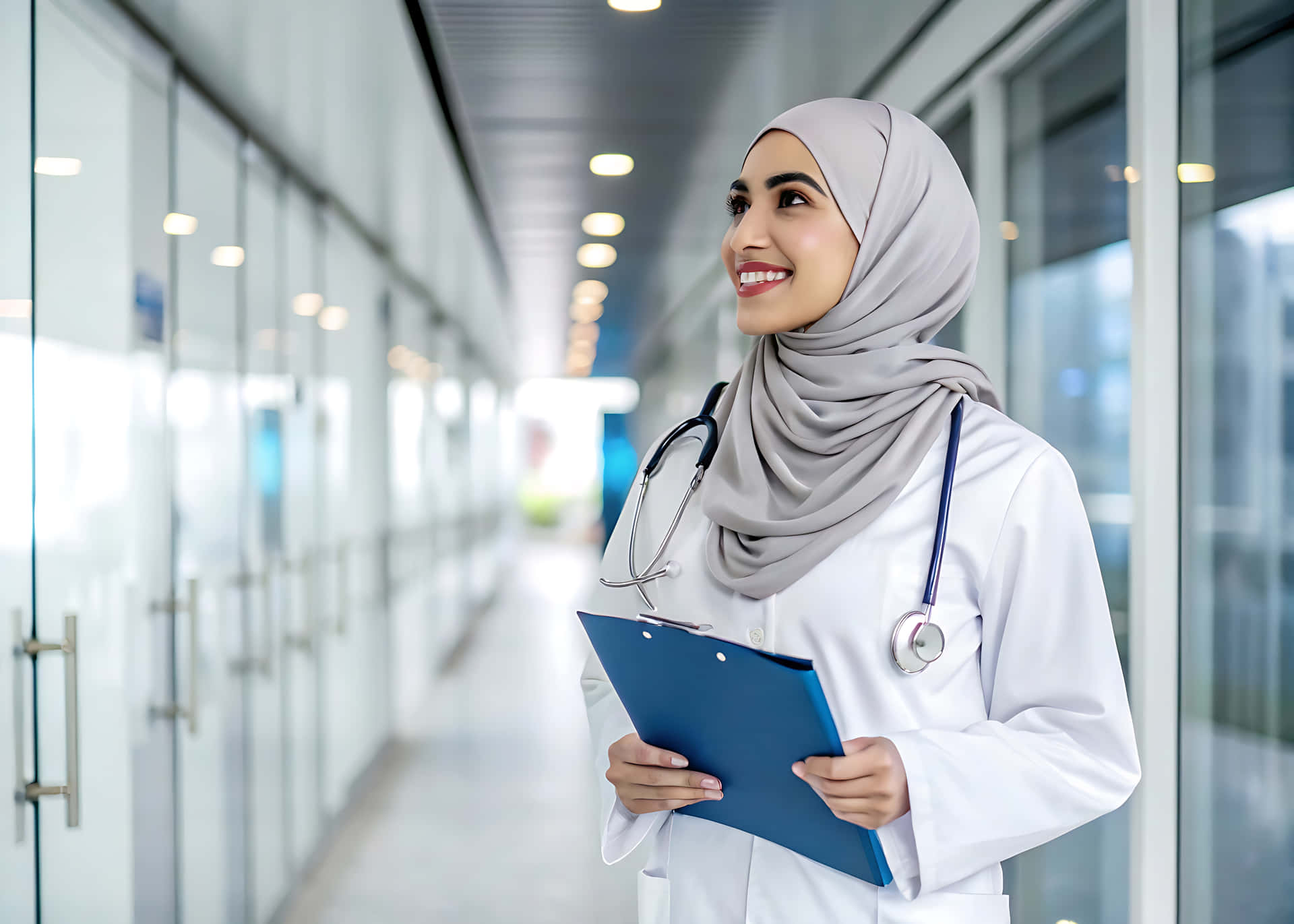 Doctor in hijab smiling 壁紙 — 一位微笑的女醫生，身穿白袍和灰色頭巾，在明亮現代化的醫院走廊中手持藍色剪貼板。