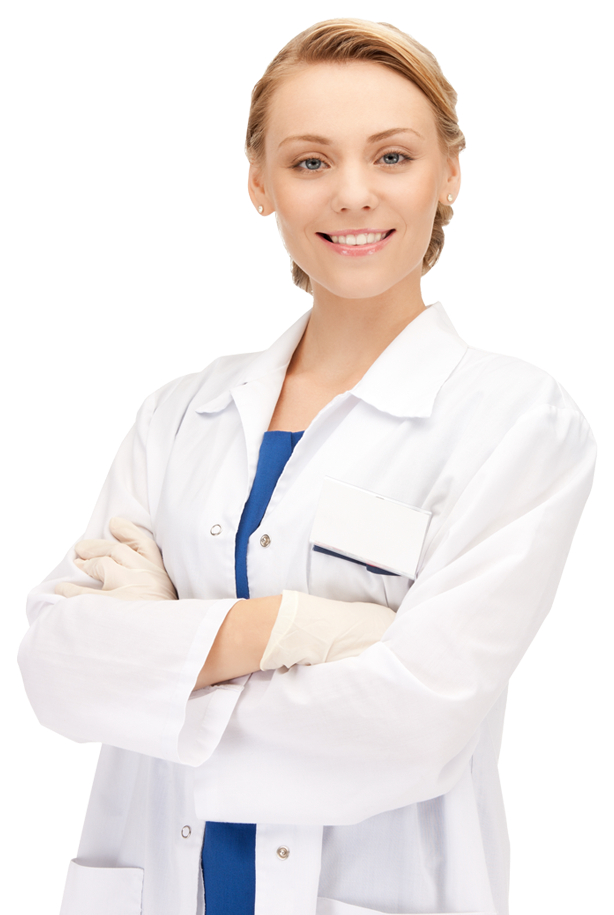 Dentist 桌布 壁紙 — 一位微笑的女醫生穿著白色實驗室外套和手套，自信地交叉雙臂站在黑色背景前。
