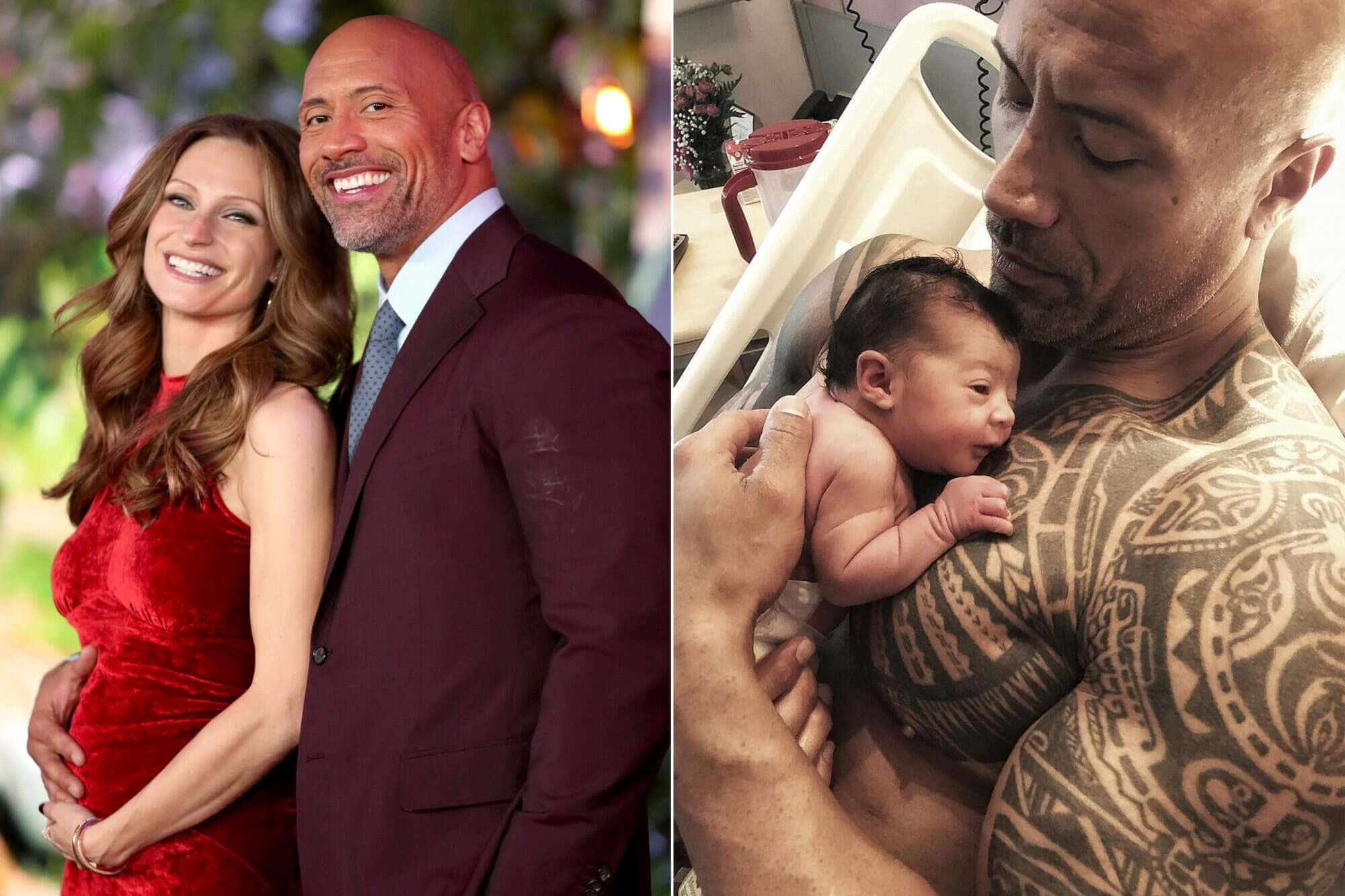The Rock 桌布 壁紙 — 一位微笑的孕婦穿著紅色天鵝絨，站在一位穿著栗色西裝的男人旁邊，而另一張照片顯示他溫柔地抱著他們的新生嬰兒。