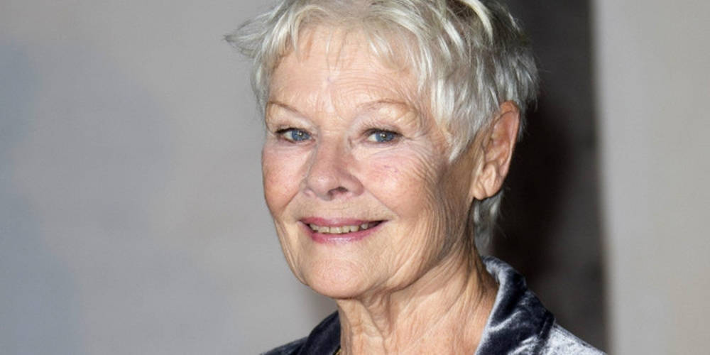 Judi Dench 桌布 壁紙 — 一位微笑的年長女士的 close-up 肖像，短白髮，藍眼睛，穿著深色天鵝絨上衣。