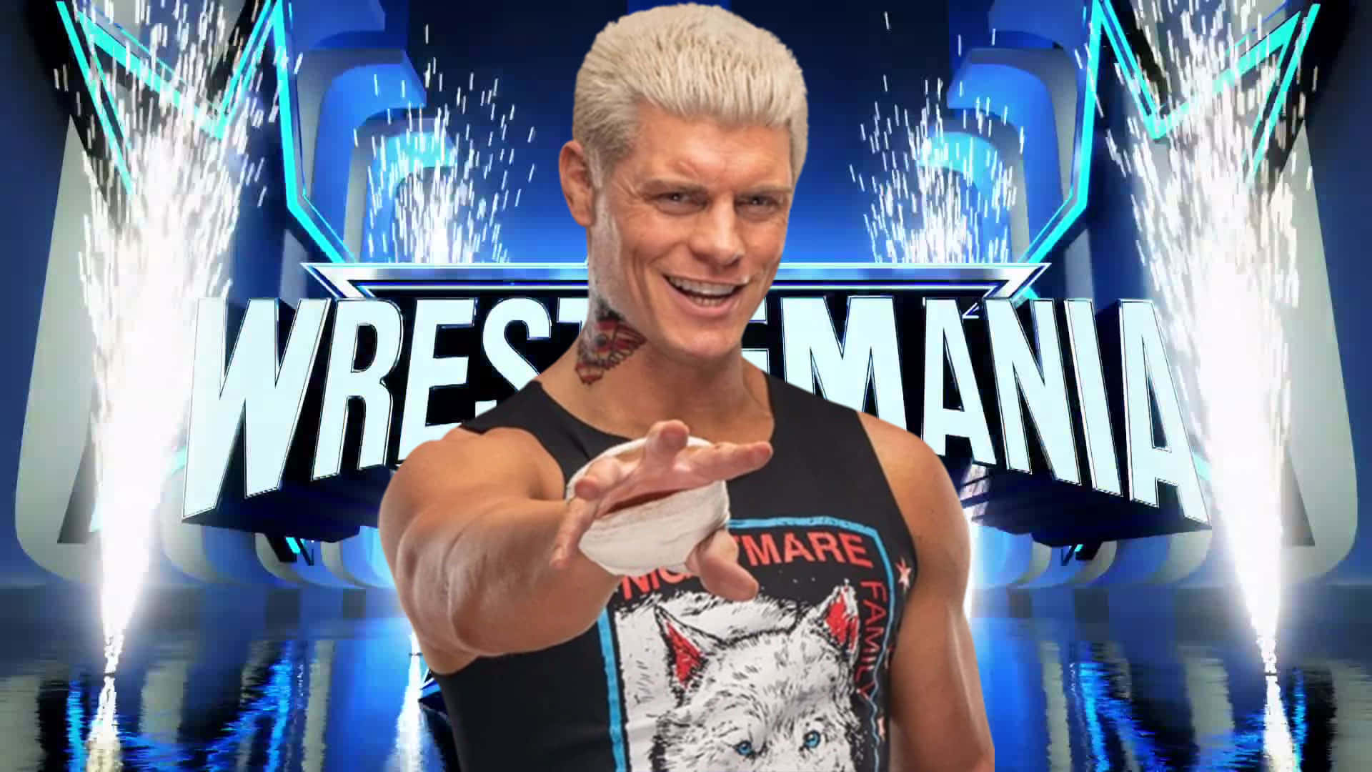 WWE 桌布 壁紙 — 一位微笑的摔角手，擁有鉑金金色頭髮和狼圖案背心，在藍色WrestleMania舞台上向前做手勢，舞台上有閃閃發光的噴泉。